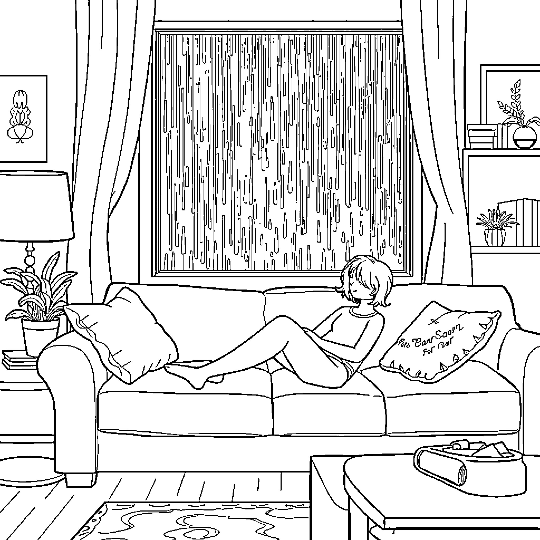 Couch scene with person relaxing with book Coloring Page (free black-and-white line drawing printable PDF for all, from beginners to advanced learners, including children, teens, adults, and seniors)