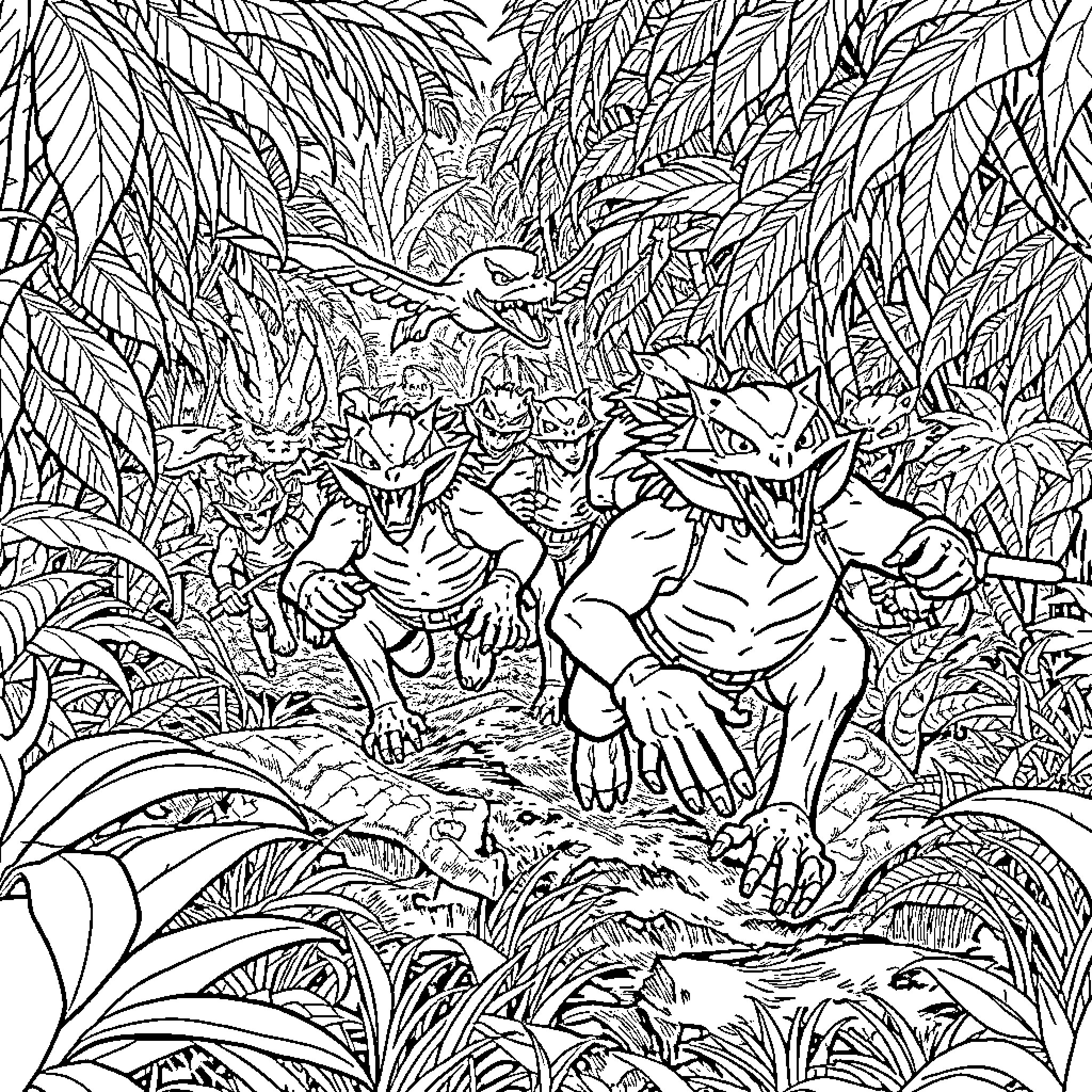 Raptors stalking in the jungle Coloring Page (free black-and-white line drawing printable PDF for all, from beginners to advanced learners, including children, teens, adults, and seniors)