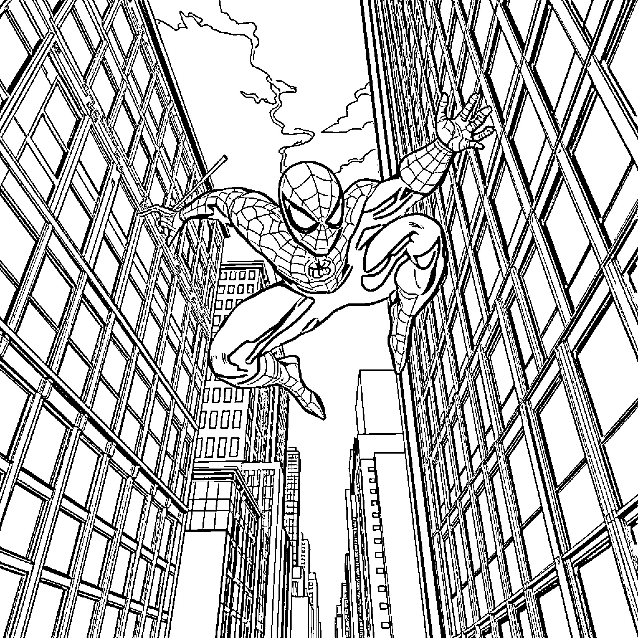 Spiderman swinging through the city streets Coloring Page (free black-and-white line drawing printable PDF for all, from beginners to advanced learners, including children, teens, adults, and seniors)