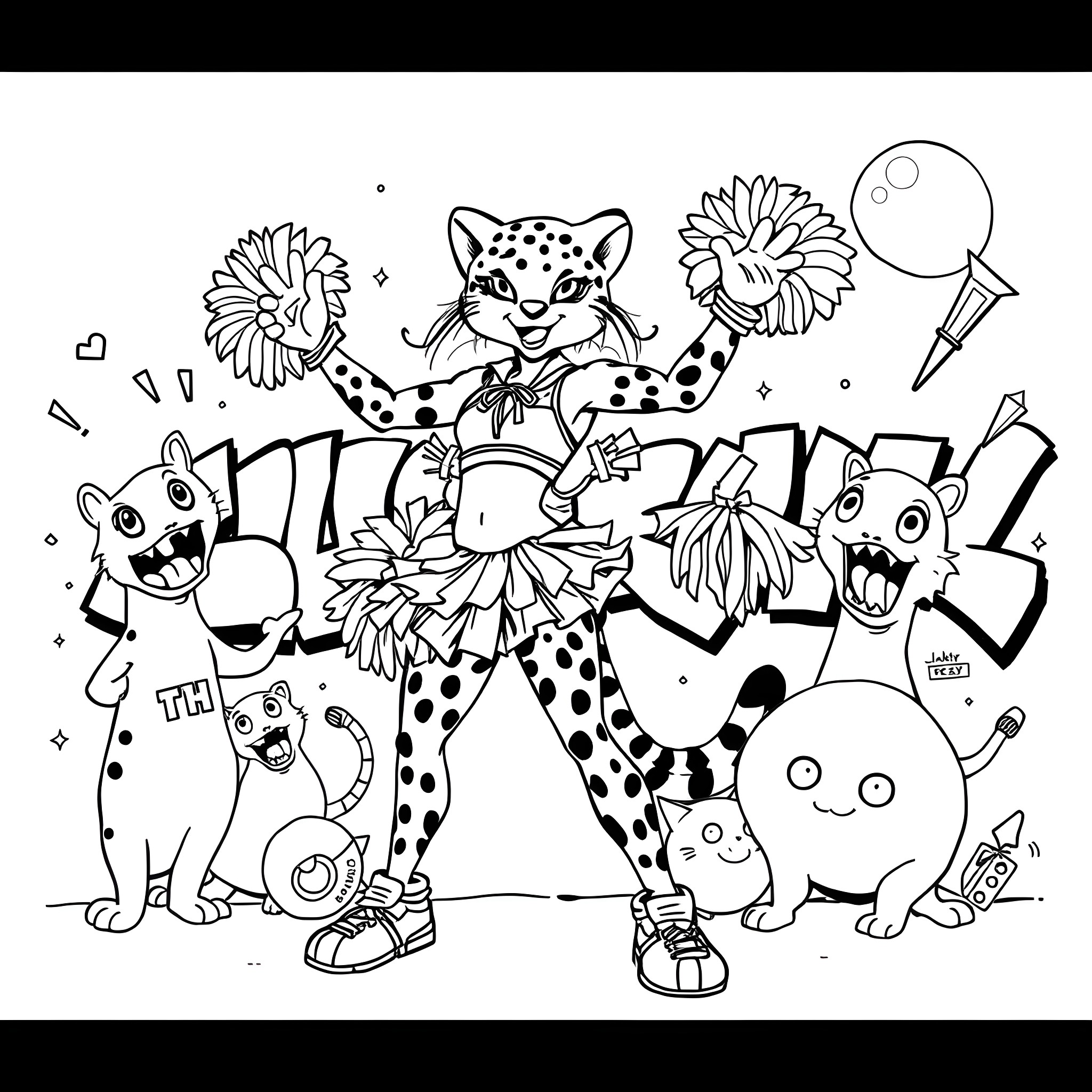 Cheetah and friends in a playful carnival scene Coloring Page (free black-and-white line drawing printable PDF for all, from beginners to advanced learners, including children, teens, adults, and seniors)