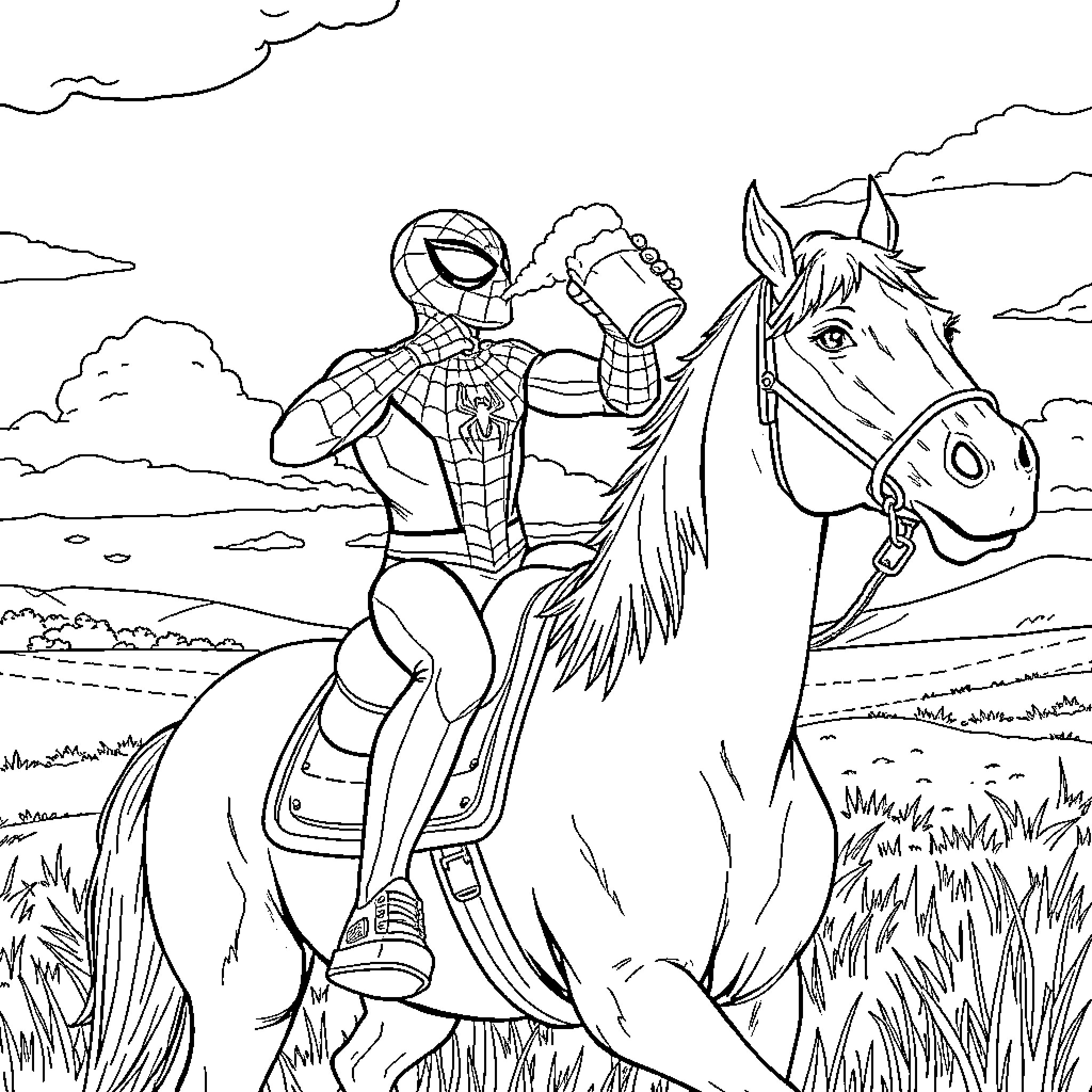 Spiderman riding a horse in the countryside Coloring Page (free black-and-white line drawing printable PDF for all, from beginners to advanced learners, including children, teens, adults, and seniors)