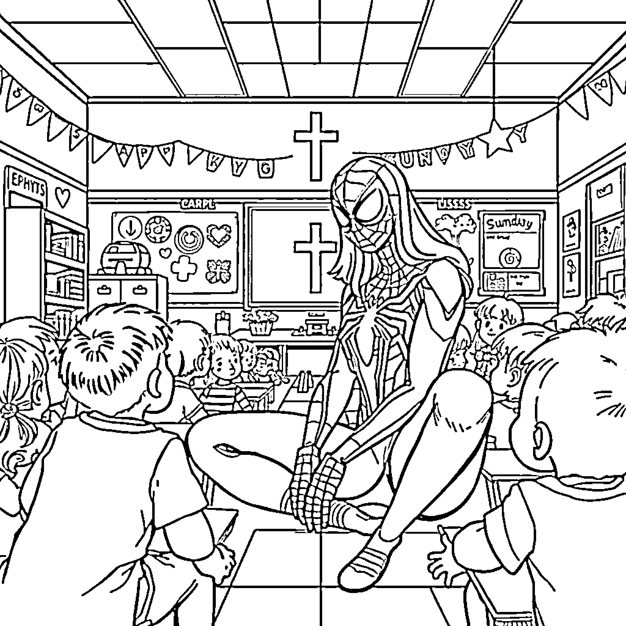 Spider Woman Visiting Children in Classroom Coloring Page (free black-and-white line drawing printable PDF for all, from beginners to advanced learners, including children, teens, adults, and seniors)