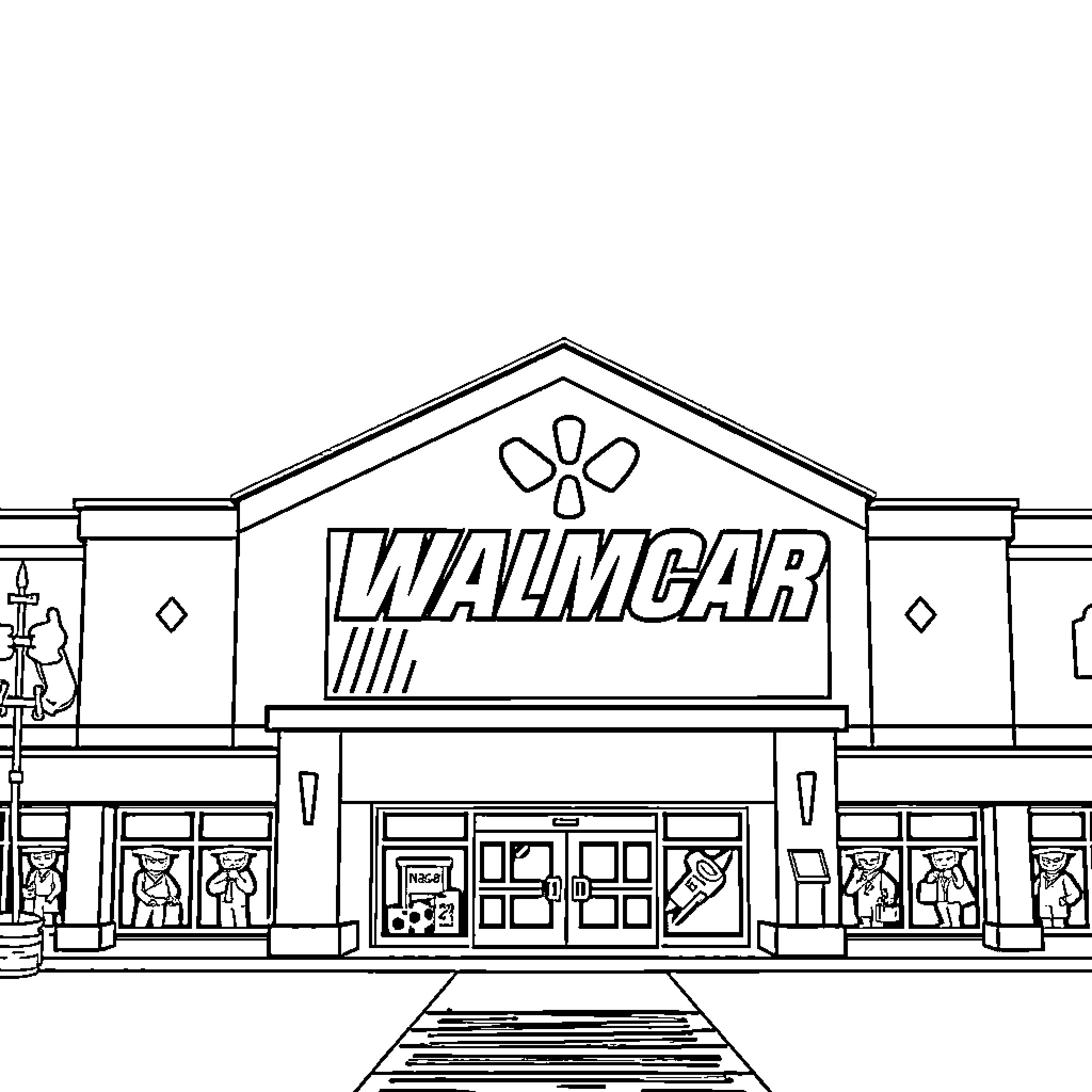 Walmart NASCAR store with racing merchandise Coloring Page (free black-and-white line drawing printable PDF for all, from beginners to advanced learners, including children, teens, adults, and seniors)