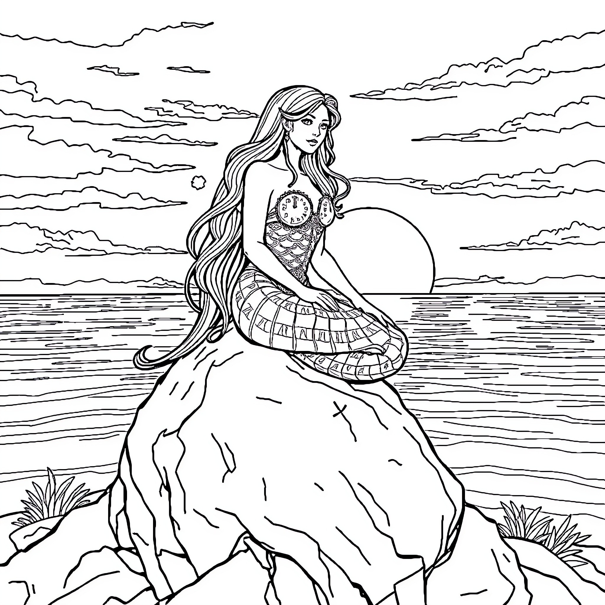 Siren singing on a rocky shore Coloring Page (free black-and-white line drawing printable PDF for all, from beginners to advanced learners, including children, teens, adults, and seniors)