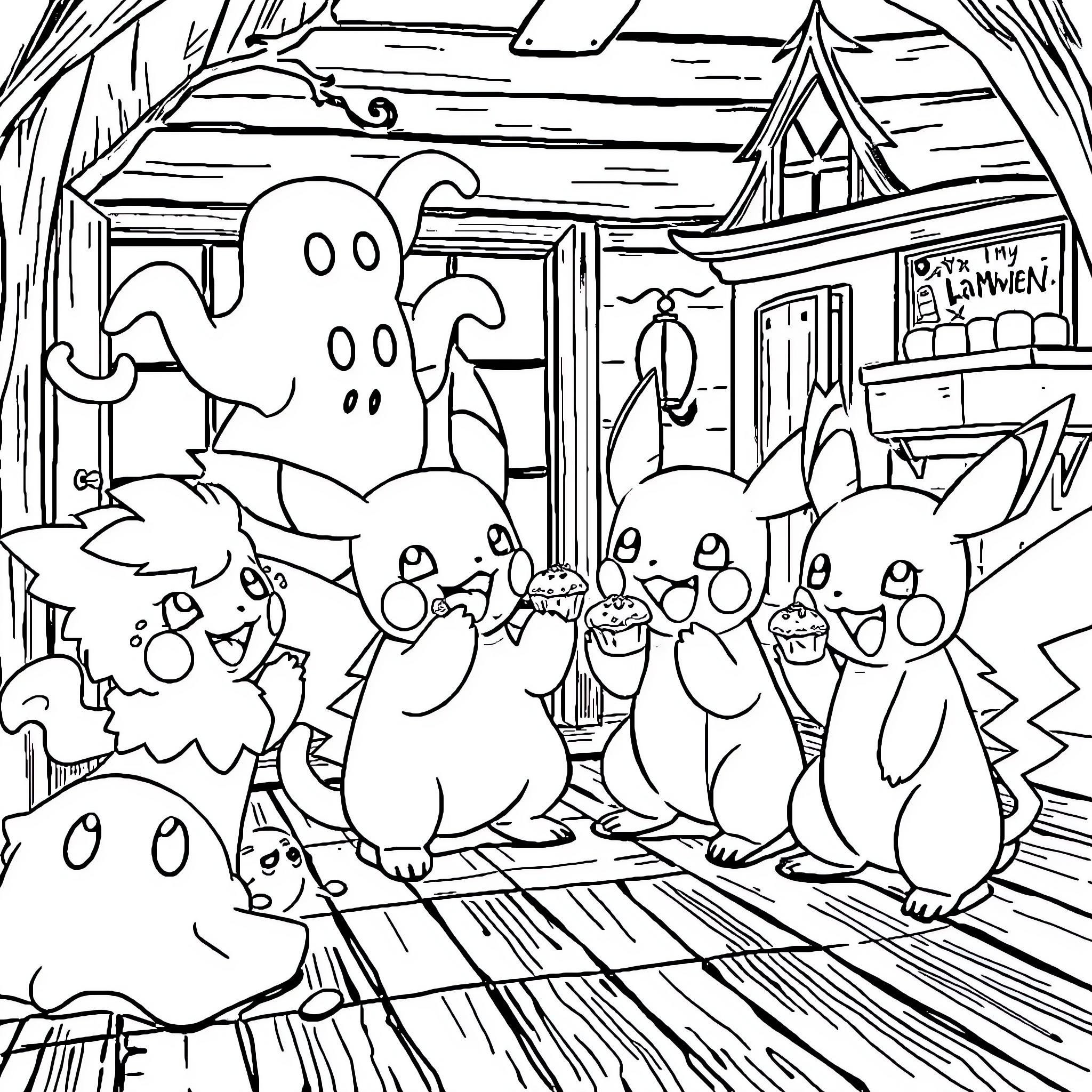 Pokémon characters in a lively scene Coloring Page (free black-and-white line drawing printable PDF for all, from beginners to advanced learners, including children, teens, adults, and seniors)