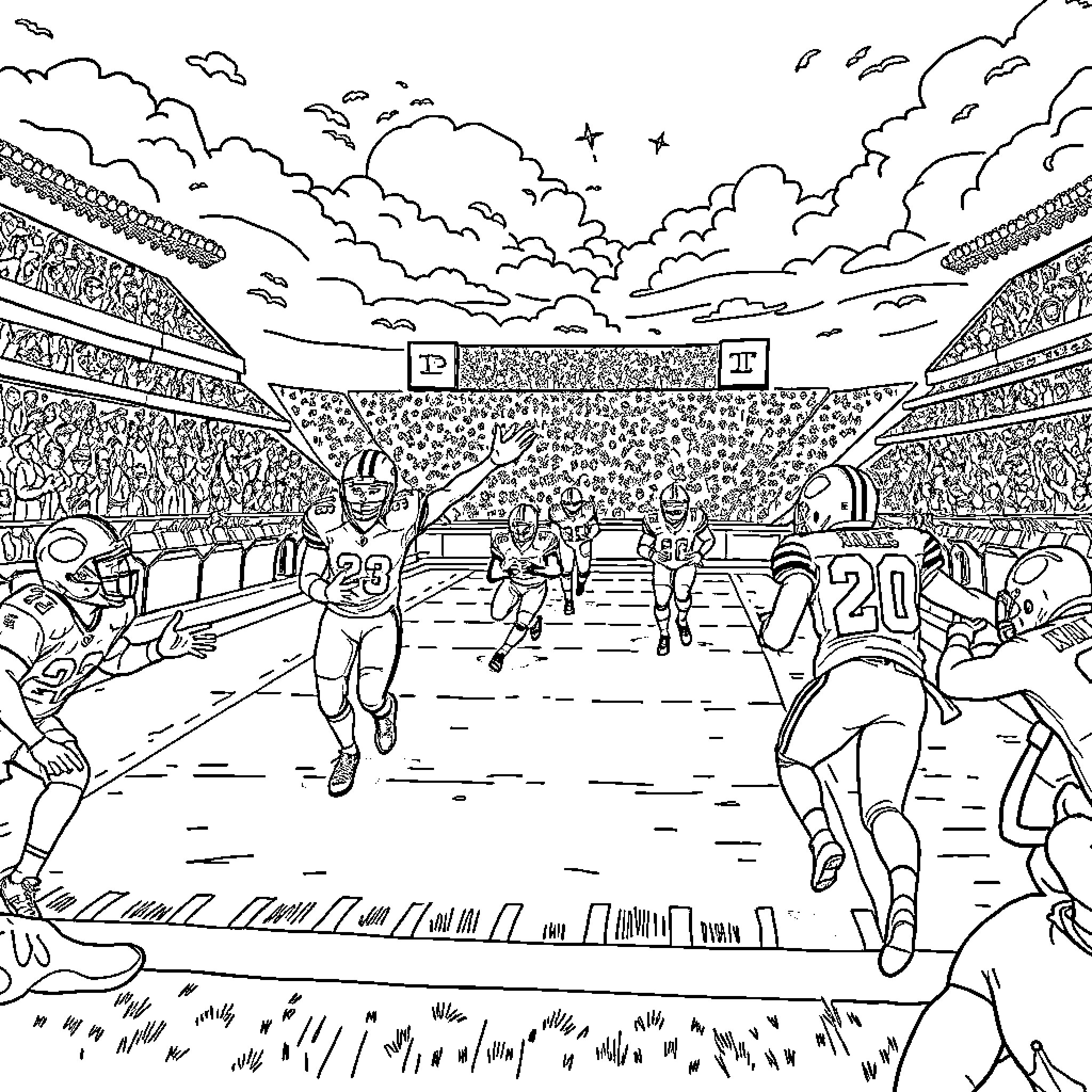 Football players in action on the field Coloring Page (free black-and-white line drawing printable PDF for all, from beginners to advanced learners, including children, teens, adults, and seniors)