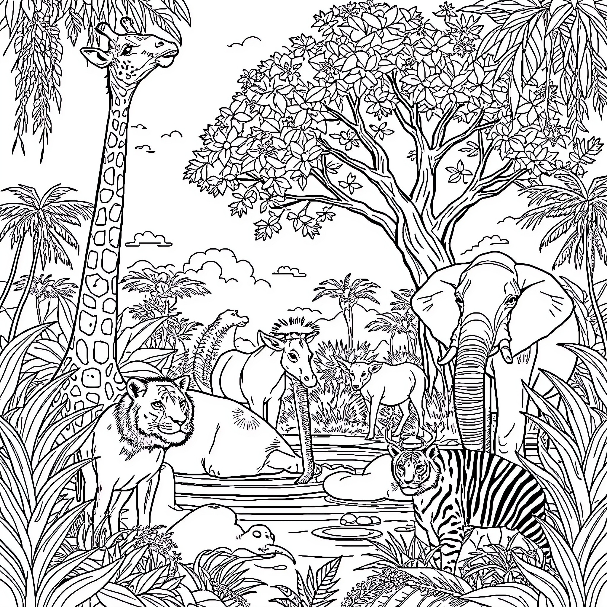 Animal jungle scene with various wildlife Coloring Page (free black-and-white line drawing printable PDF for all, from beginners to advanced learners, including children, teens, adults, and seniors)