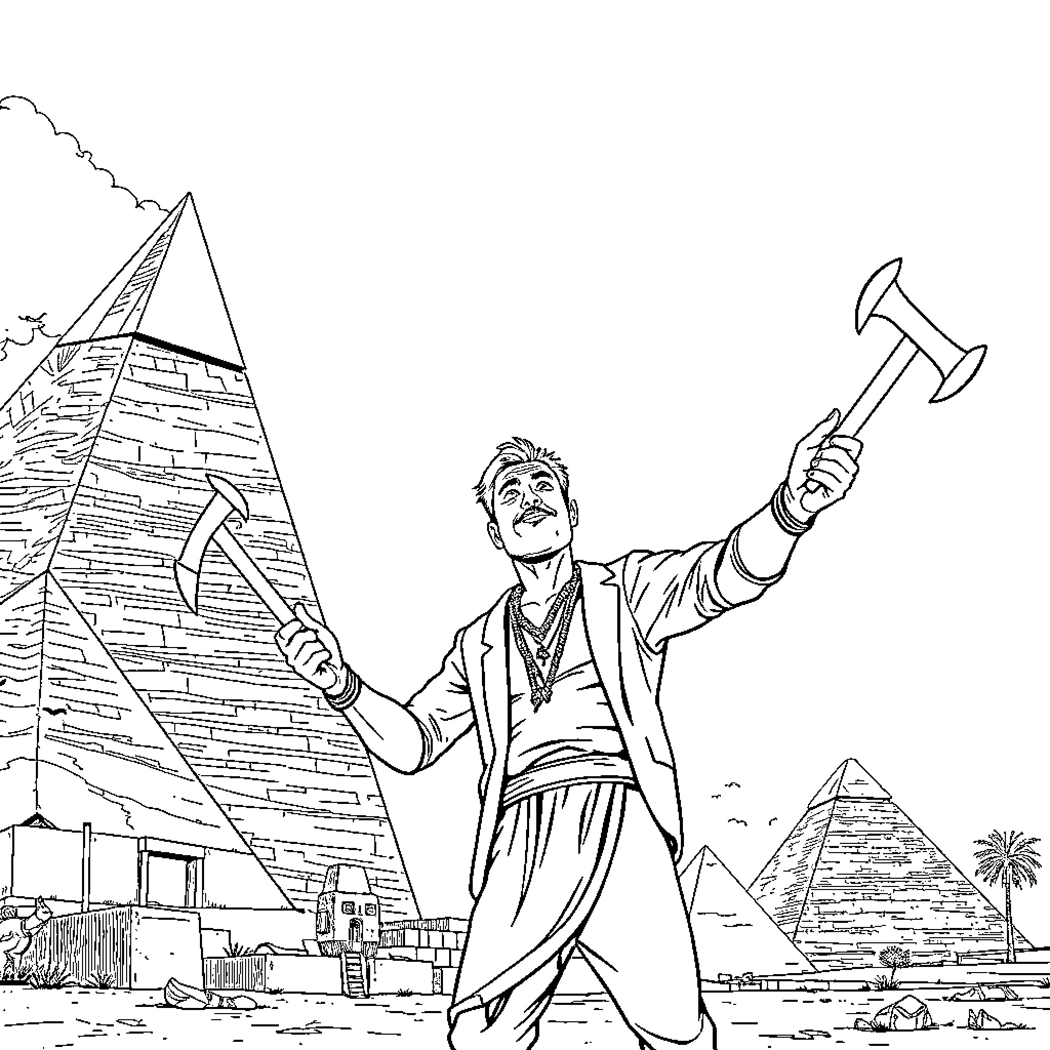 Mr T Triumphantly Exploring Ancient Egyptian Ruins Coloring Page (free black-and-white line drawing printable PDF for all, from beginners to advanced learners, including children, teens, adults, and seniors)