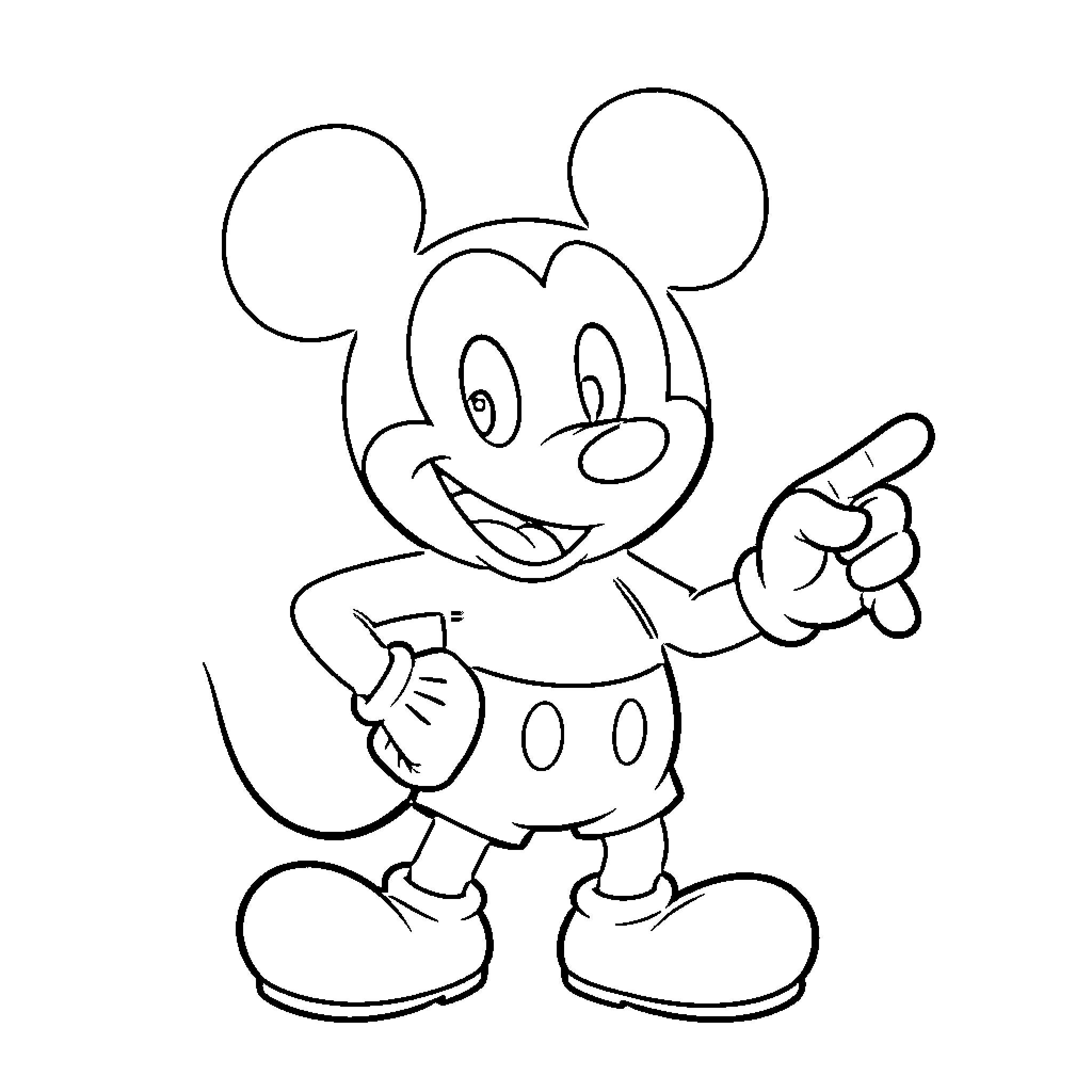 Mickey pointing his finger with a joyful expression Coloring Page (free black-and-white line drawing printable PDF for all, from beginners to advanced learners, including children, teens, adults, and seniors)