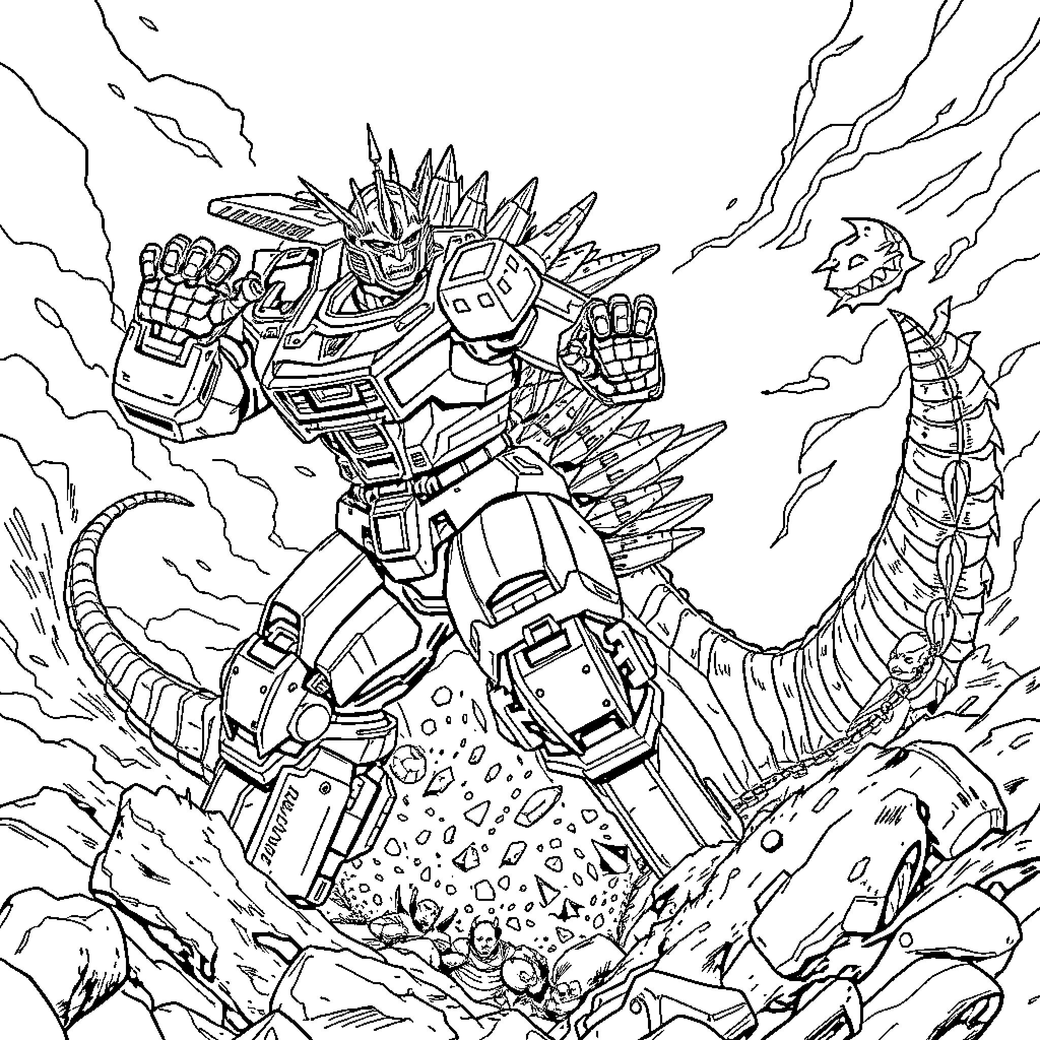 Gypsy Danger battling powerful foes in an intense showdown Coloring Page (free black-and-white line drawing printable PDF for all, from beginners to advanced learners, including children, teens, adults, and seniors)