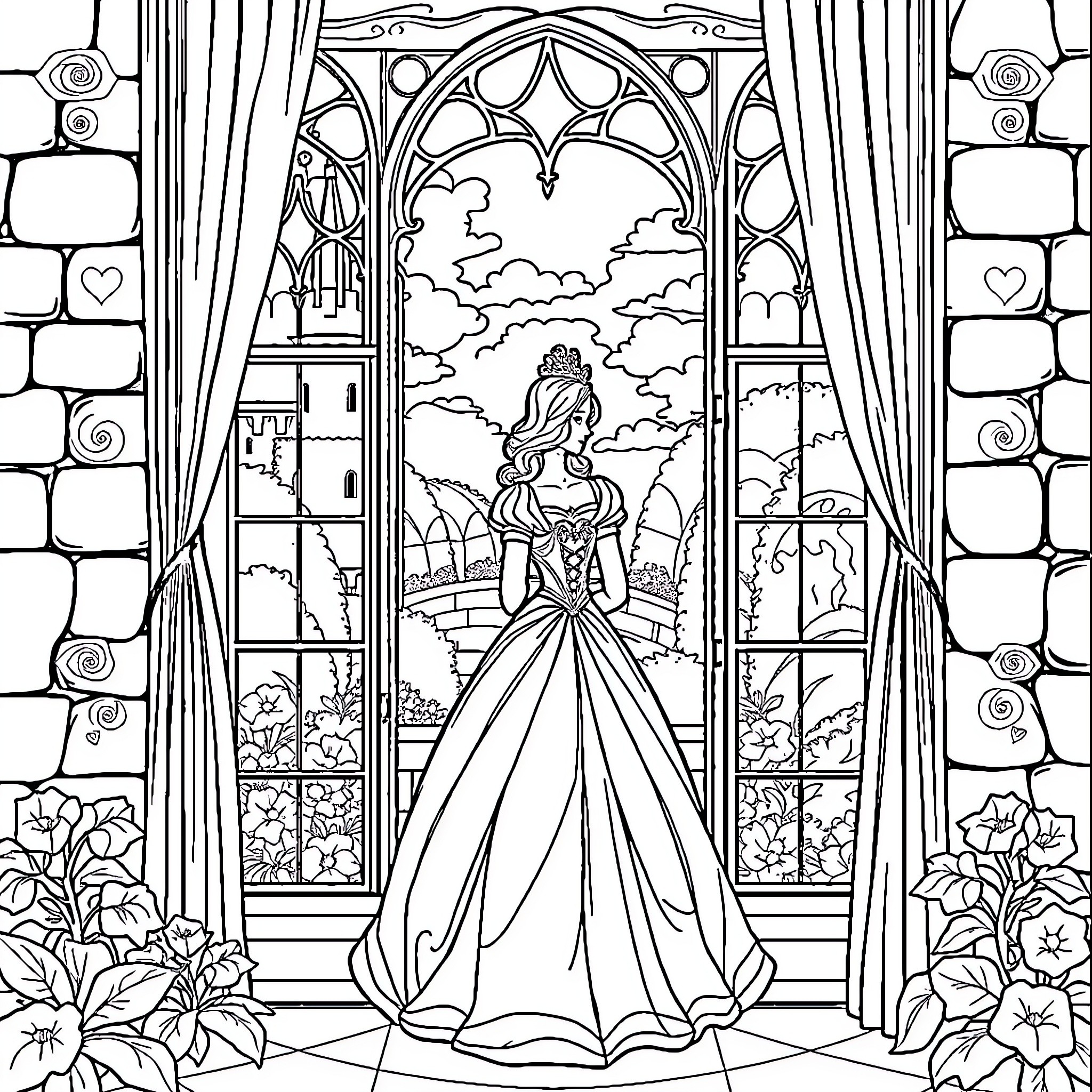 Princess in an Elegant Dress Overlooking a Scenic Landscape Coloring Page (free black-and-white line drawing printable PDF for all, from beginners to advanced learners, including children, teens, adults, and seniors)