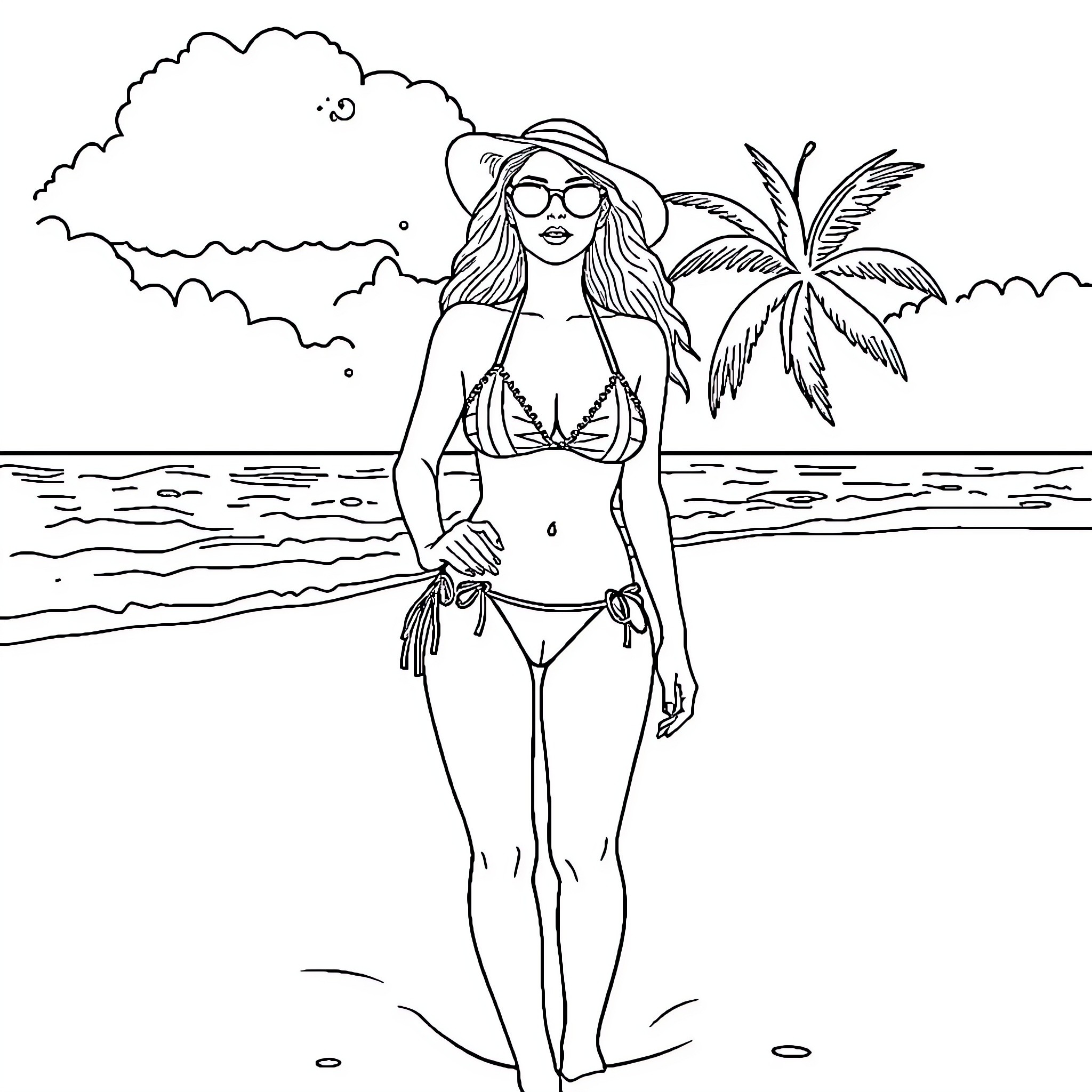 Model enjoying a sunny day at the beach Coloring Page (free black-and-white line drawing printable PDF for all, from beginners to advanced learners, including children, teens, adults, and seniors)