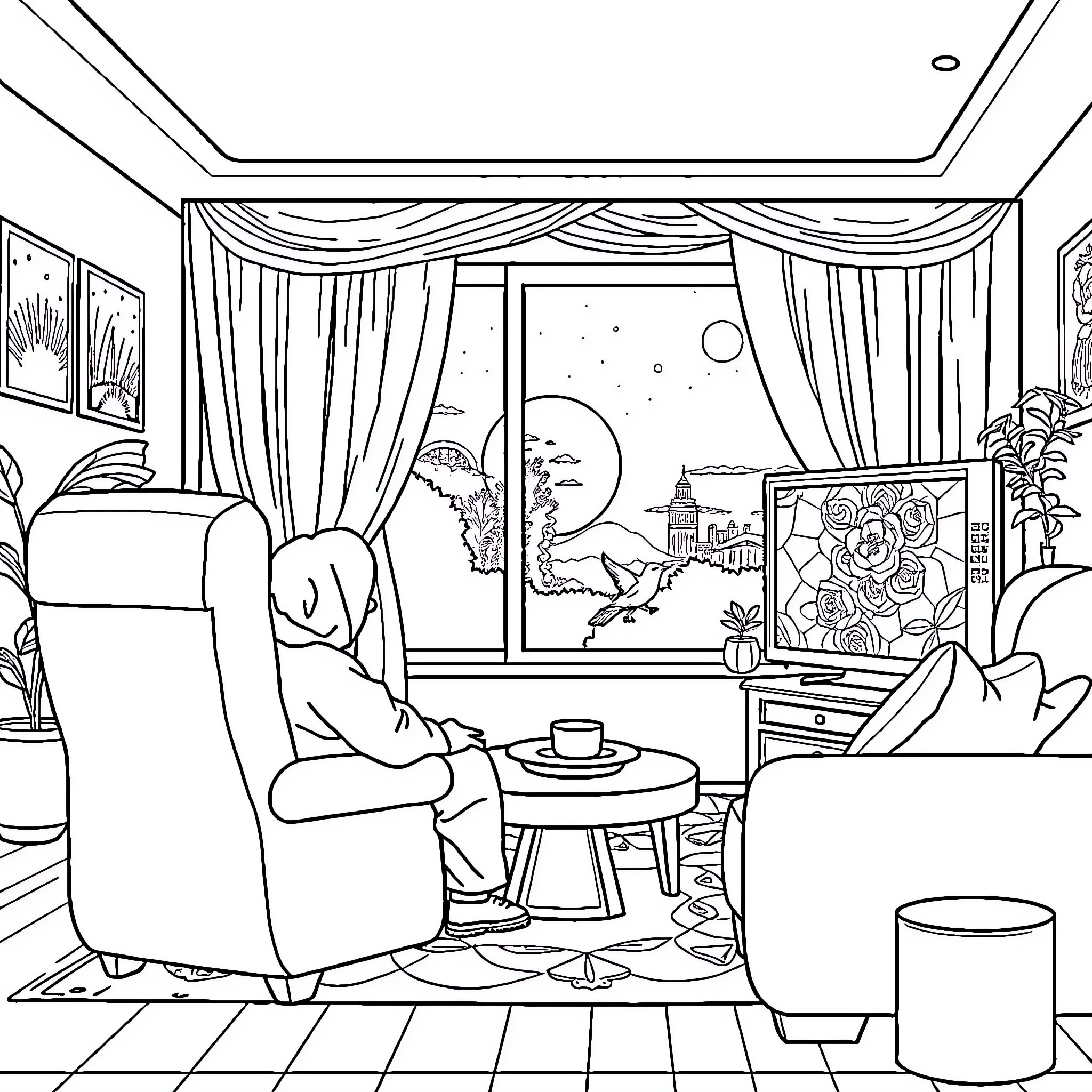 Pemuda relaxing peacefully in cozy living room Coloring Page (free black-and-white line drawing printable PDF for all, from beginners to advanced learners, including children, teens, adults, and seniors)