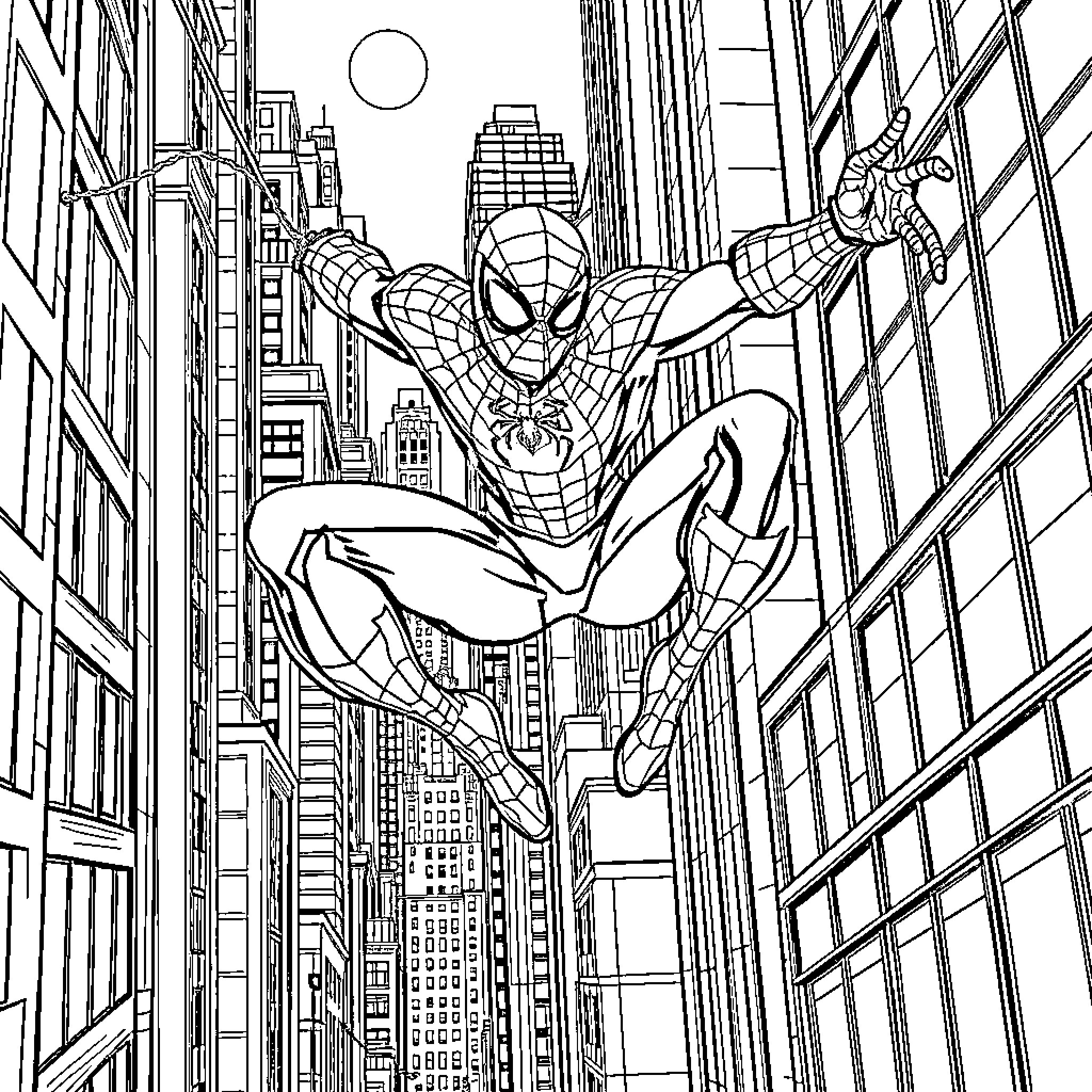 Spiderman swinging through the city skyline Coloring Page (free black-and-white line drawing printable PDF for all, from beginners to advanced learners, including children, teens, adults, and seniors)