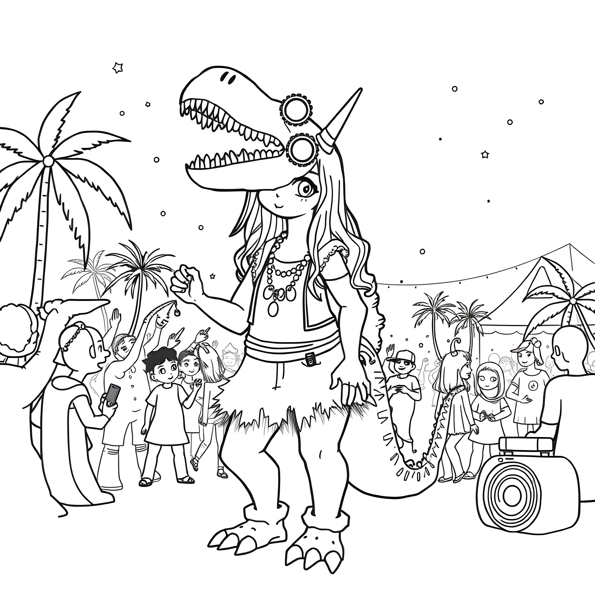 Dinosaur Costume Party in the Jungle Coloring Page (free black-and-white line drawing printable PDF for all, from beginners to advanced learners, including children, teens, adults, and seniors)