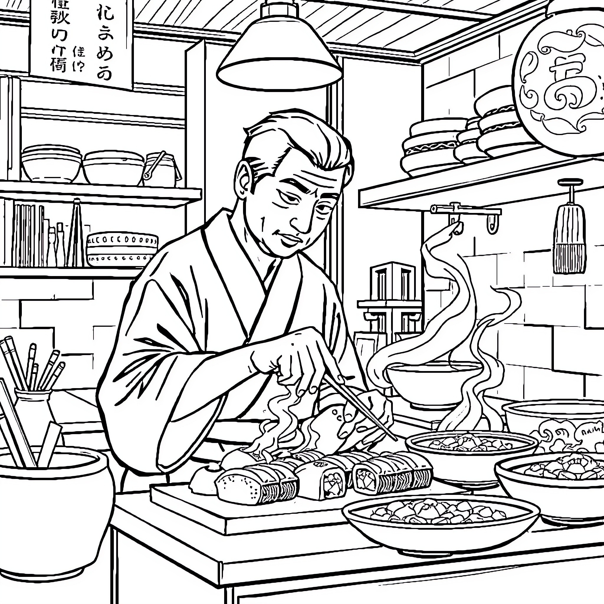 Dad cooking delicious traditional meal in kitchen Coloring Page (free black-and-white line drawing printable PDF for all, from beginners to advanced learners, including children, teens, adults, and seniors)