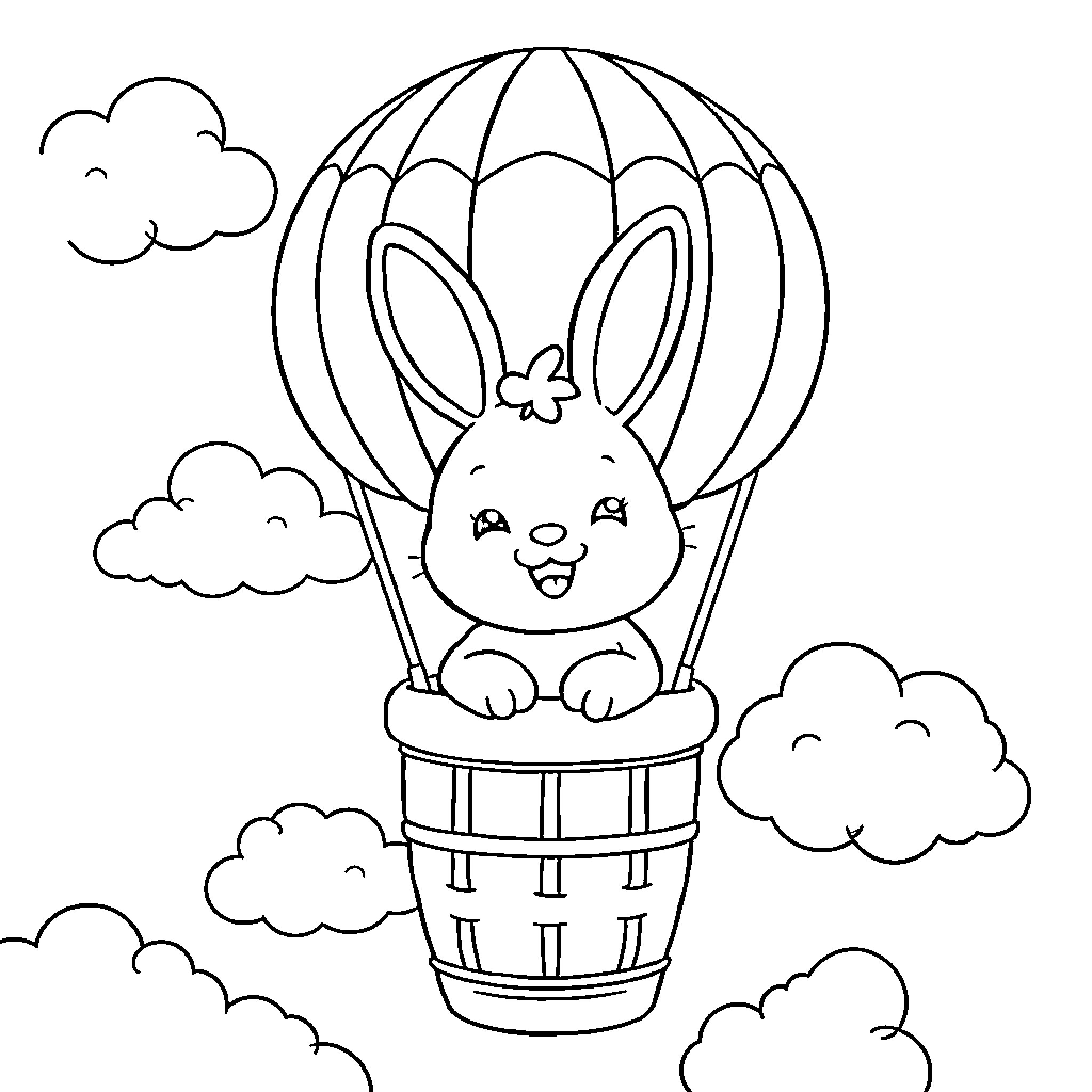 Bunny riding a hot air balloon in the sky Coloring Page (free black-and-white line drawing printable PDF for all, from beginners to advanced learners, including children, teens, adults, and seniors)