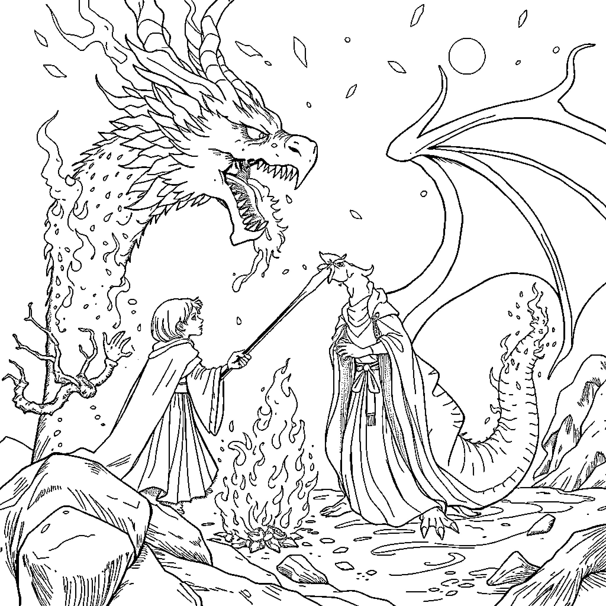 Witch Summoning Mythical Dragon Creature Coloring Page (free black-and-white line drawing printable PDF for all, from beginners to advanced learners, including children, teens, adults, and seniors)
