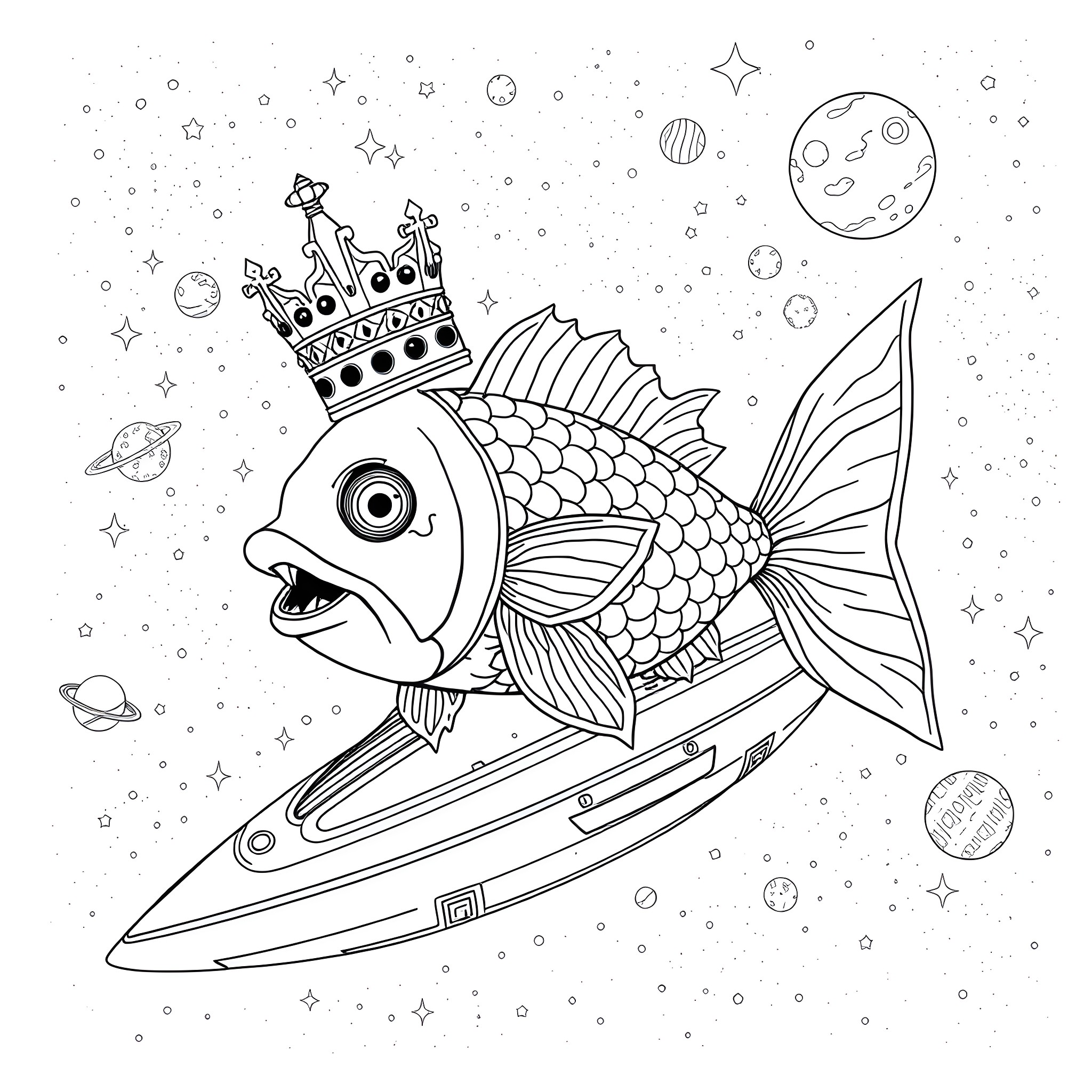 Fish King riding space surfboard in starry sky Coloring Page (free black-and-white line drawing printable PDF for all, from beginners to advanced learners, including children, teens, adults, and seniors)