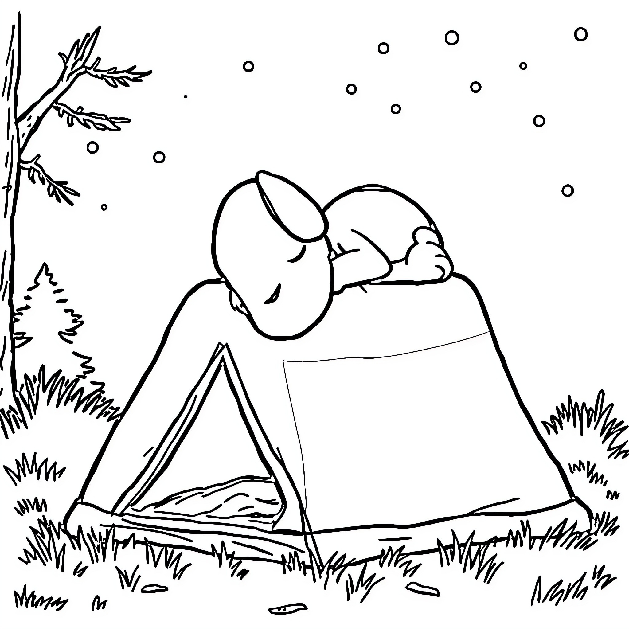 Snoopy sleeping peacefully in a tent Coloring Page (free black-and-white line drawing printable PDF for all, from beginners to advanced learners, including children, teens, adults, and seniors)