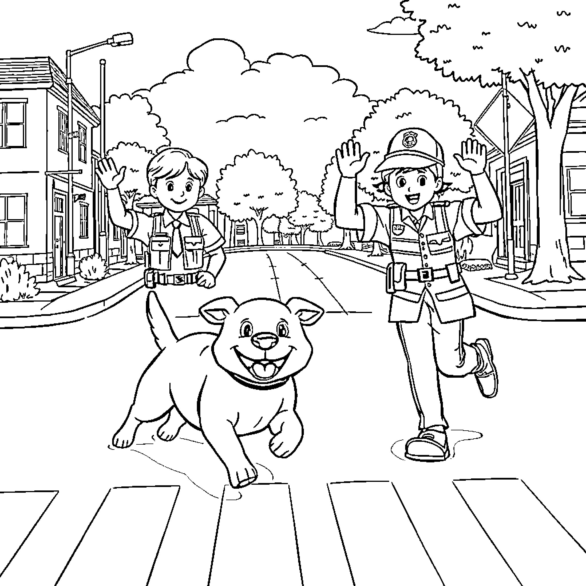 School Crossing Patrol Helping Students and Pets Cross the Street Coloring Page (free black-and-white line drawing printable PDF for all, from beginners to advanced learners, including children, teens, adults, and seniors)
