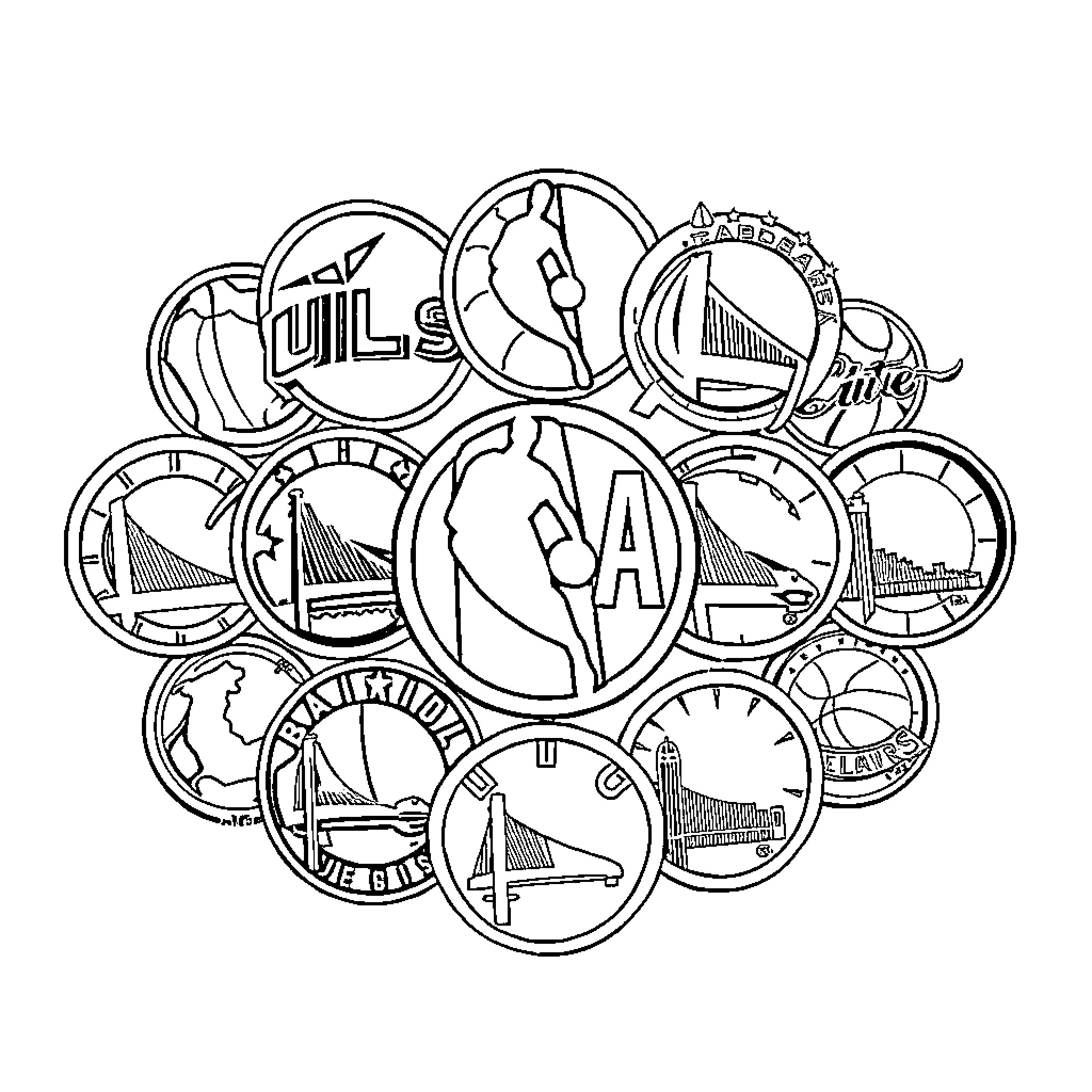 NBA Shield Composed of Various Team Logos Coloring Page (free black-and-white line drawing printable PDF for all, from beginners to advanced learners, including children, teens, adults, and seniors)