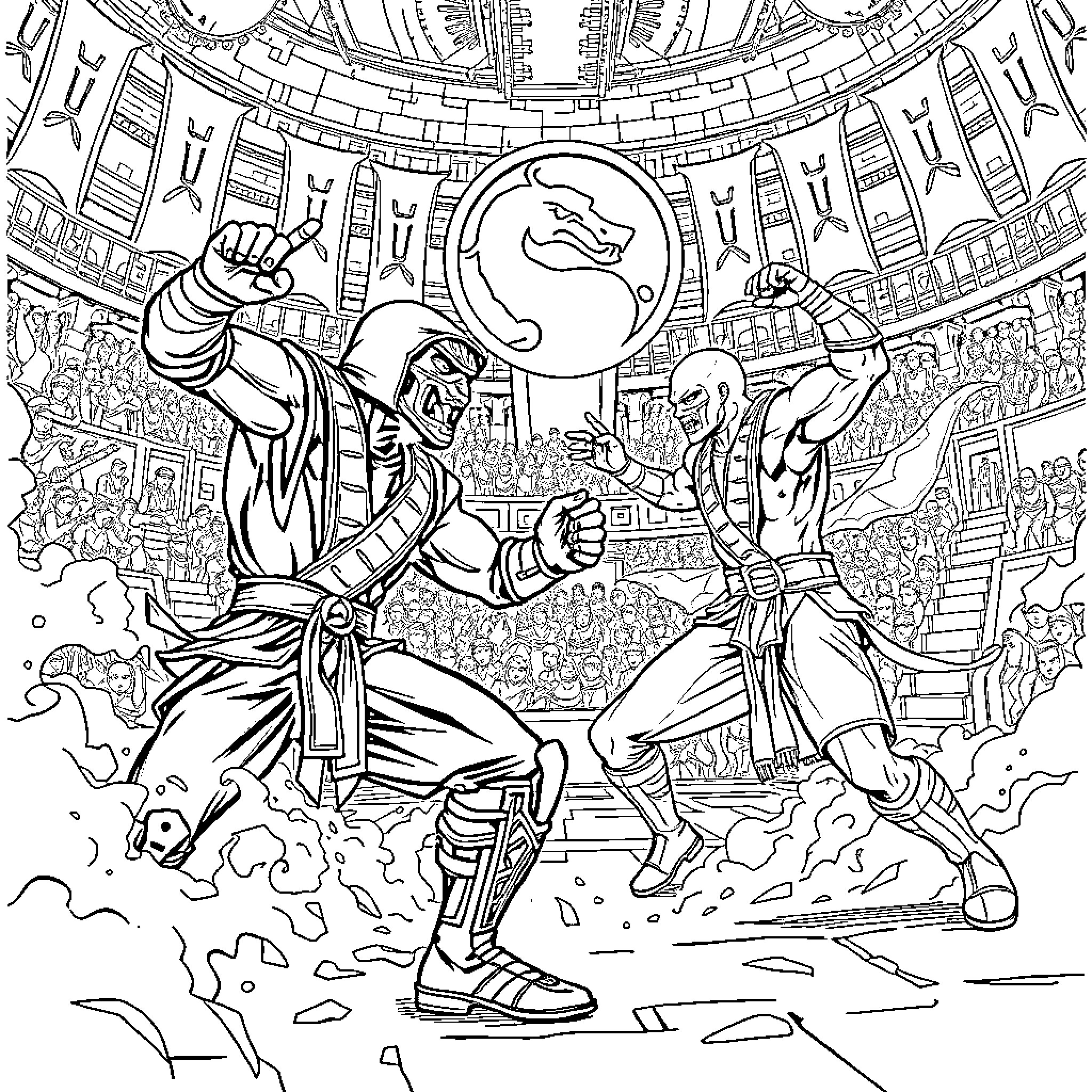 Mortal Kombat: Epic Clash of Iconic Fighters Coloring Page (free black-and-white line drawing printable PDF for all, from beginners to advanced learners, including children, teens, adults, and seniors)
