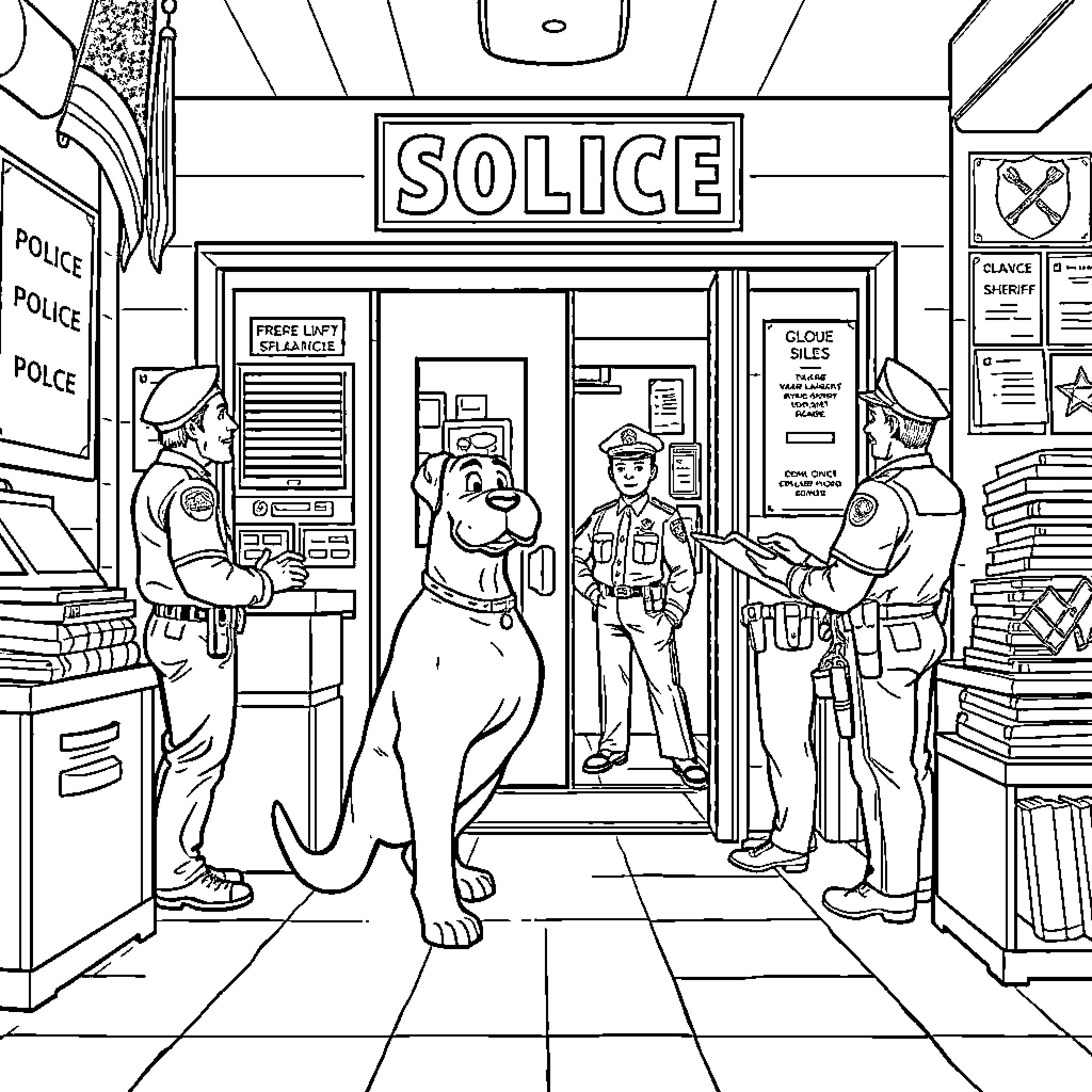 Sheriff Labrador interacting with characters at a police station Coloring Page (free black-and-white line drawing printable PDF for all, from beginners to advanced learners, including children, teens, adults, and seniors)
