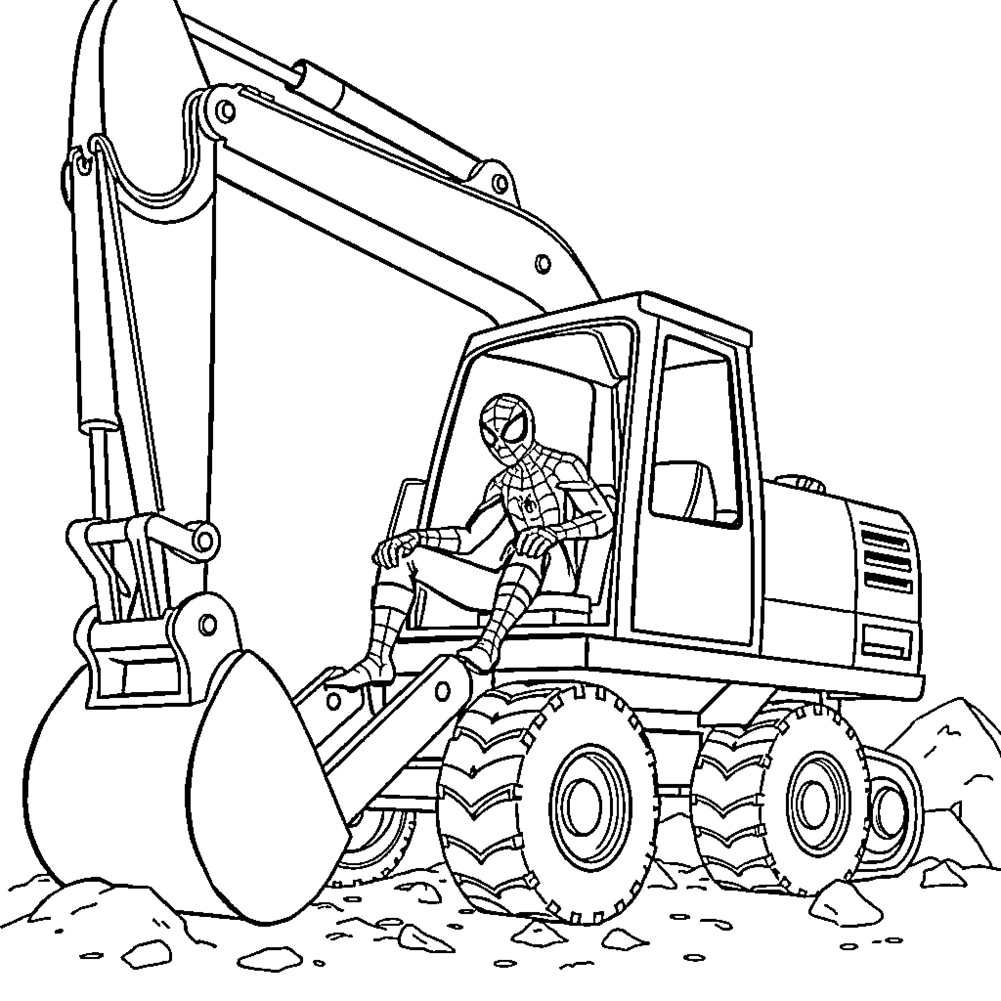 Spiderman operating a construction excavator Coloring Page (free black-and-white line drawing printable PDF for all, from beginners to advanced learners, including children, teens, adults, and seniors)