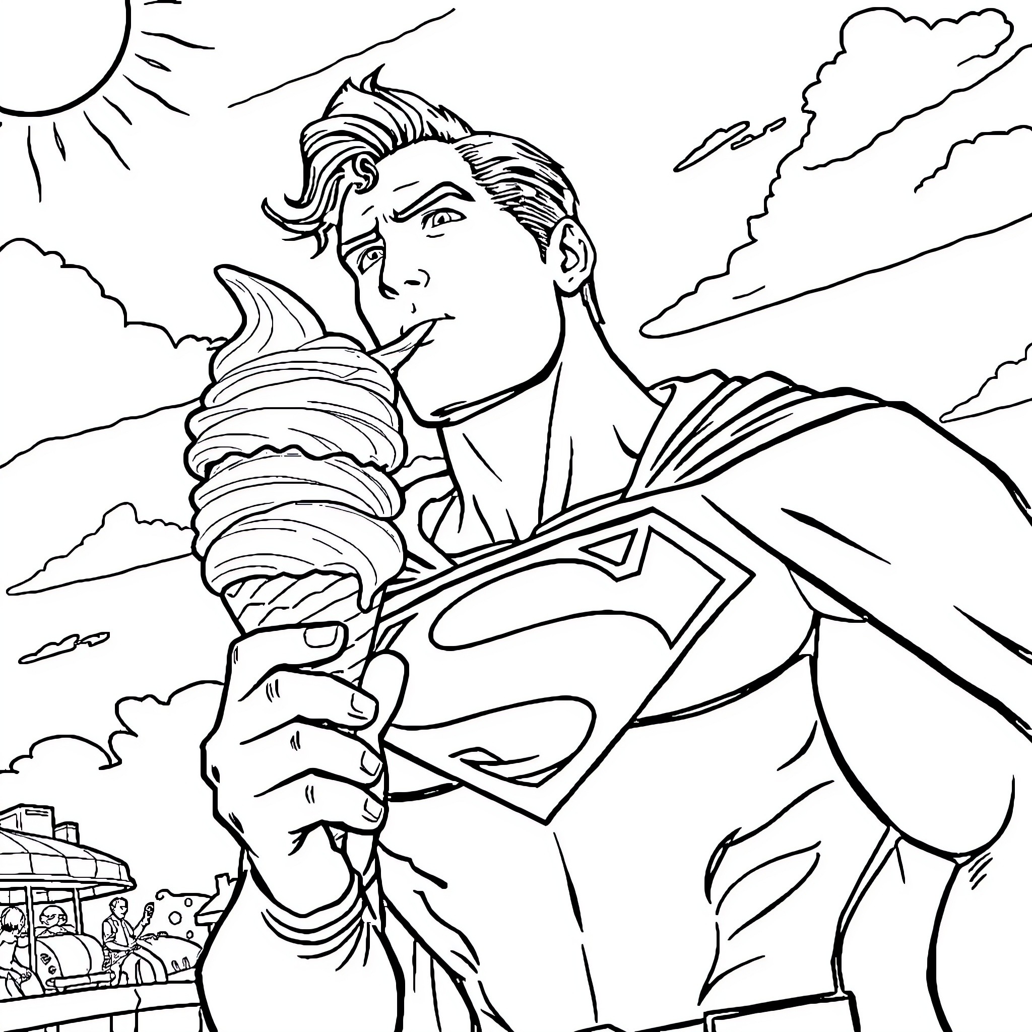 Superman saving the day with heroic pose Coloring Page (free black-and-white line drawing printable PDF for all, from beginners to advanced learners, including children, teens, adults, and seniors)