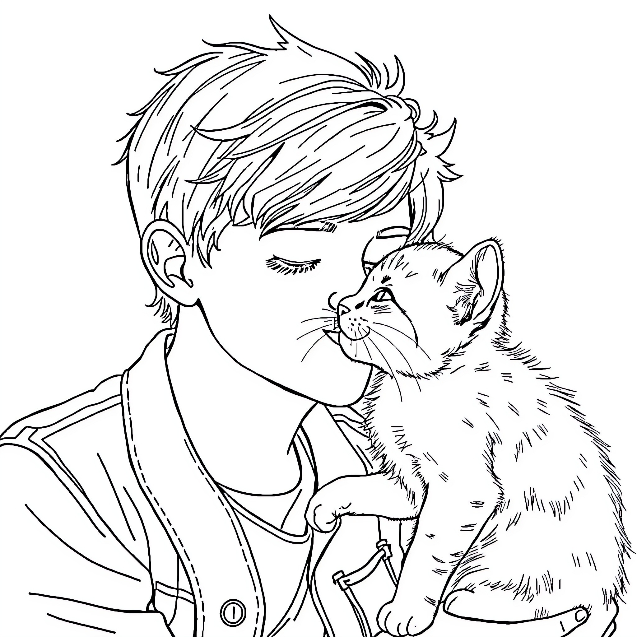 Kitten meeting a friendly human Coloring Page (free black-and-white line drawing printable PDF for all, from beginners to advanced learners, including children, teens, adults, and seniors)