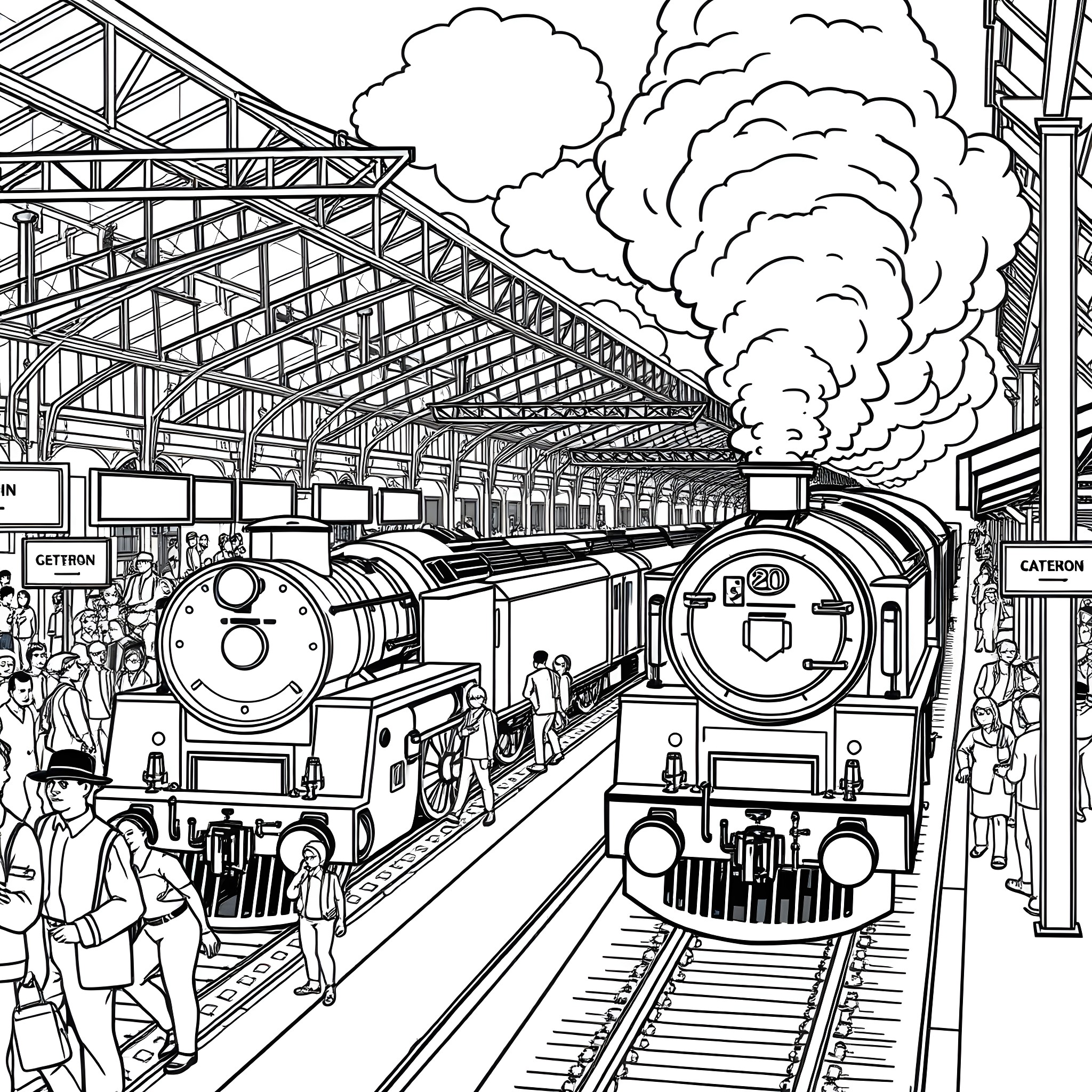 Train station with steam locomotives and passengers Coloring Page (free black-and-white line drawing printable PDF for all, from beginners to advanced learners, including children, teens, adults, and seniors)