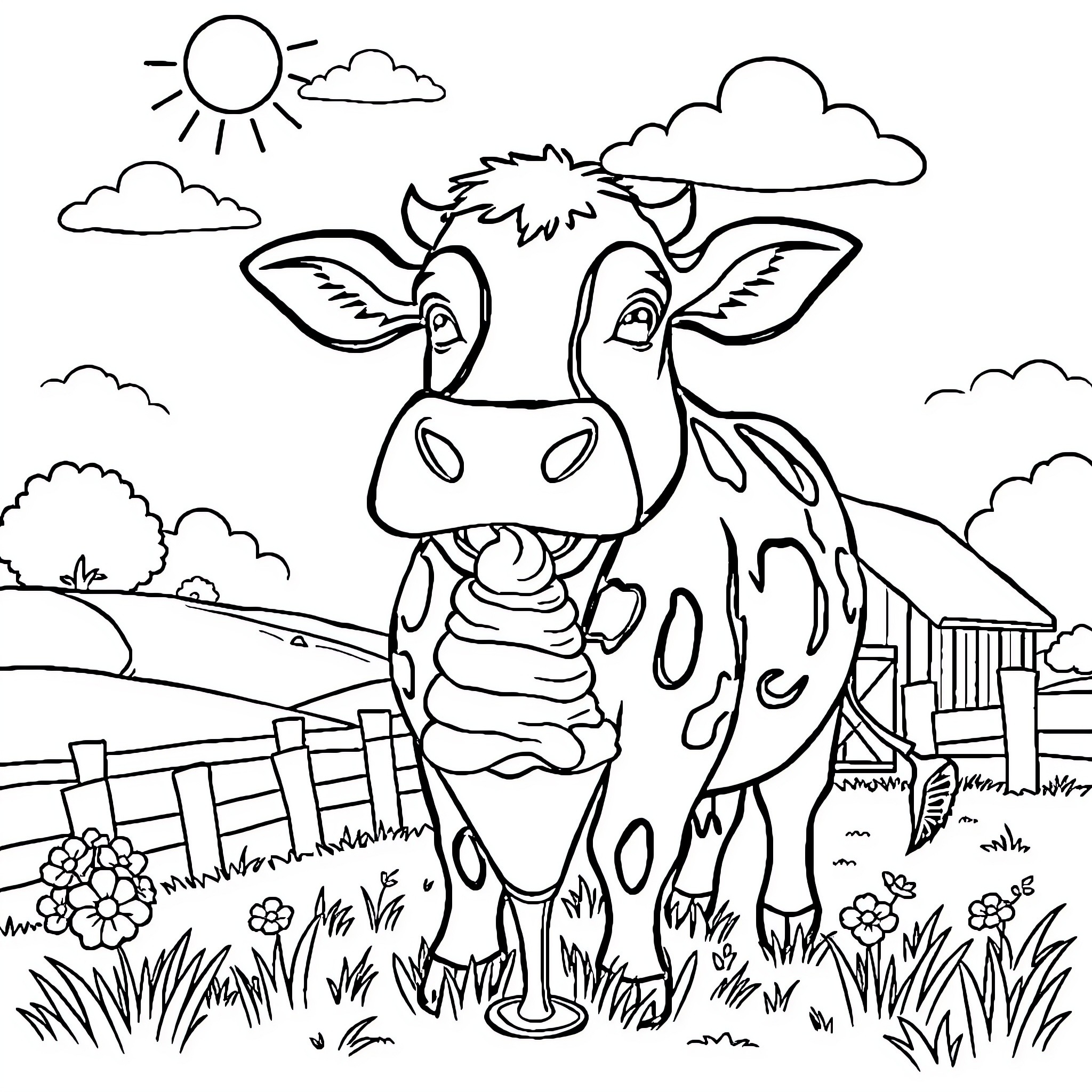 Cow in a pastoral scene Coloring Page (free black-and-white line drawing printable PDF for all, from beginners to advanced learners, including children, teens, adults, and seniors)