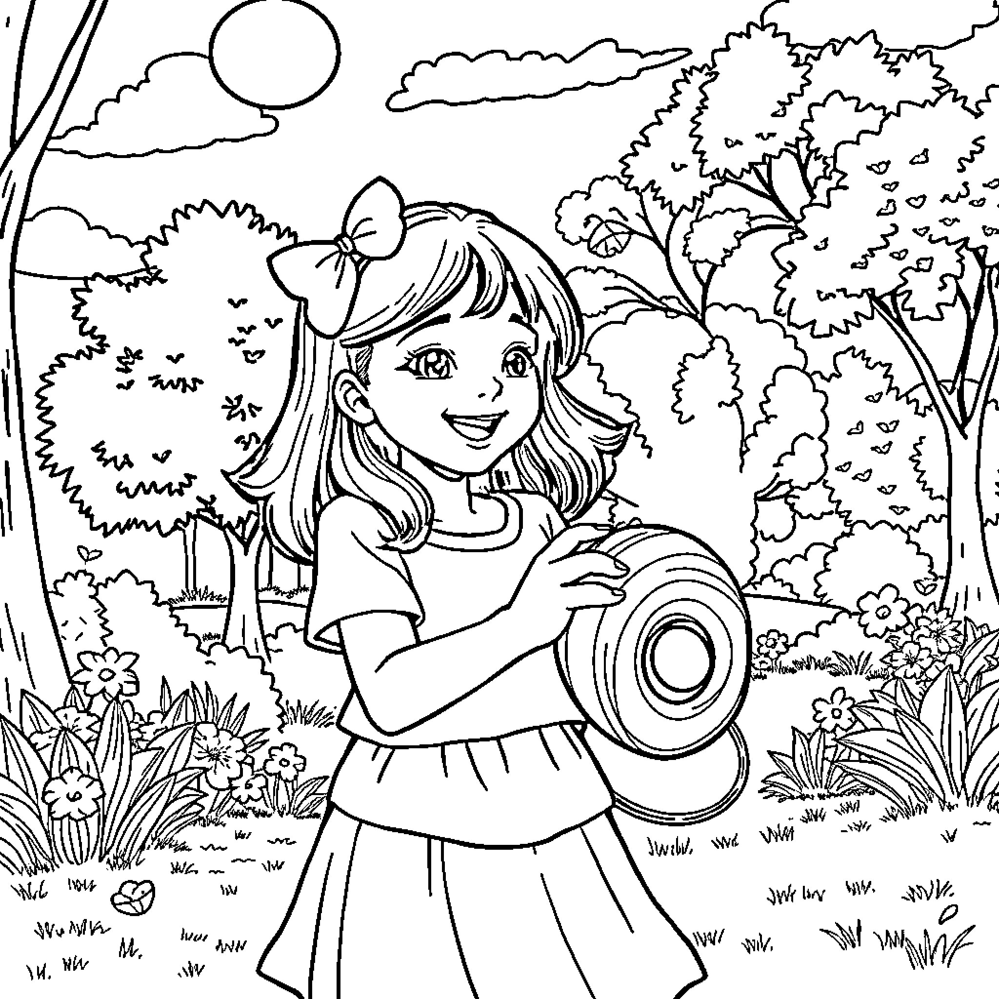 Girl exploring nature with a camera in the park Coloring Page (free black-and-white line drawing printable PDF for all, from beginners to advanced learners, including children, teens, adults, and seniors)