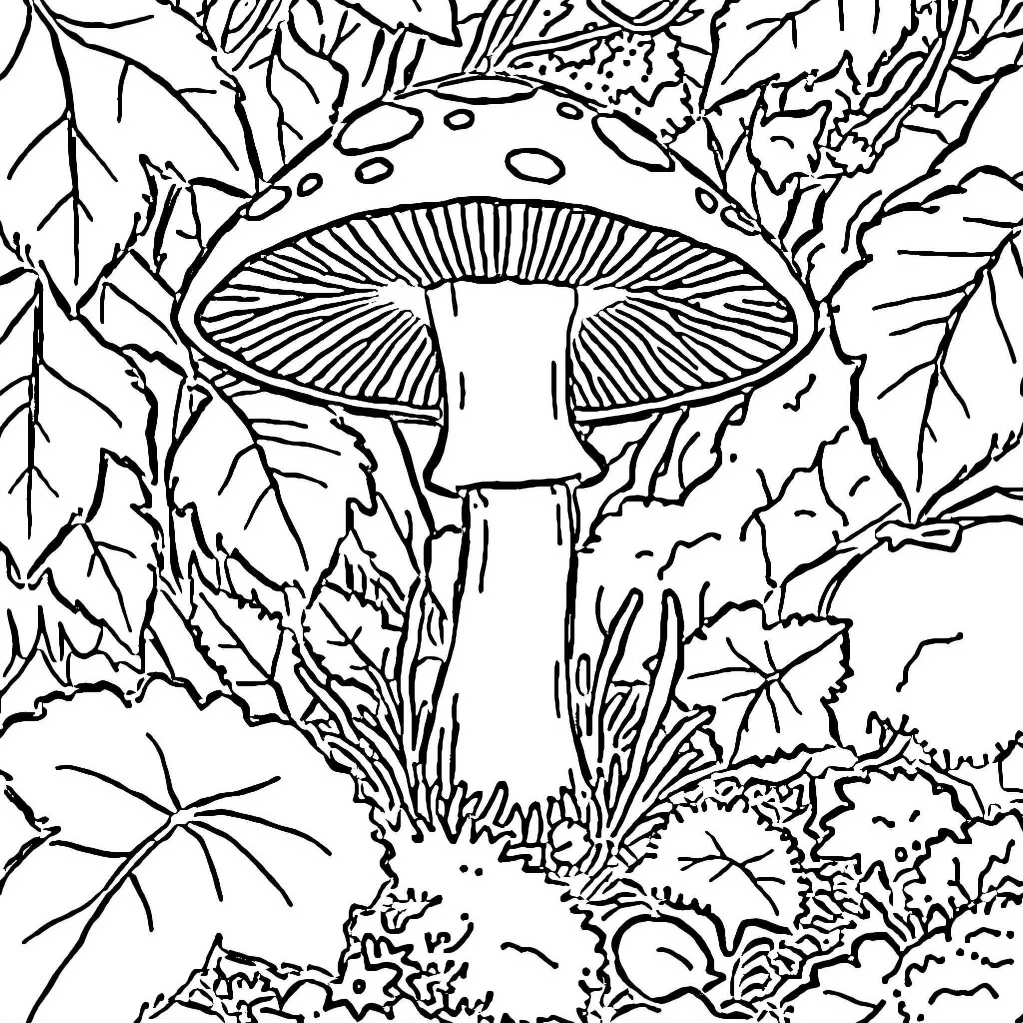 Mushroom growing in the forest Coloring Page (free black-and-white line drawing printable PDF for all, from beginners to advanced learners, including children, teens, adults, and seniors)