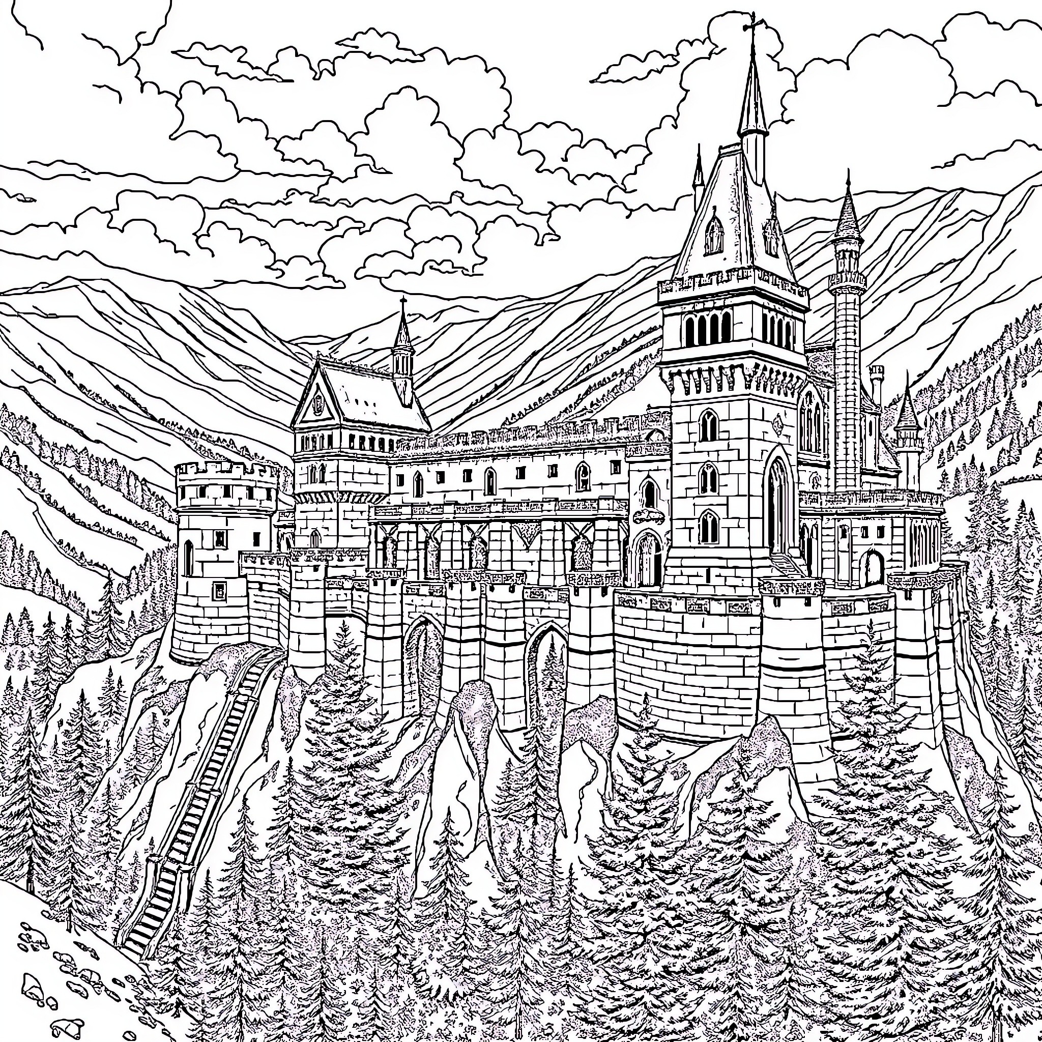 Stronghold of the Enchanted Castle in the Mountains Coloring Page (free black-and-white line drawing printable PDF for all, from beginners to advanced learners, including children, teens, adults, and seniors)