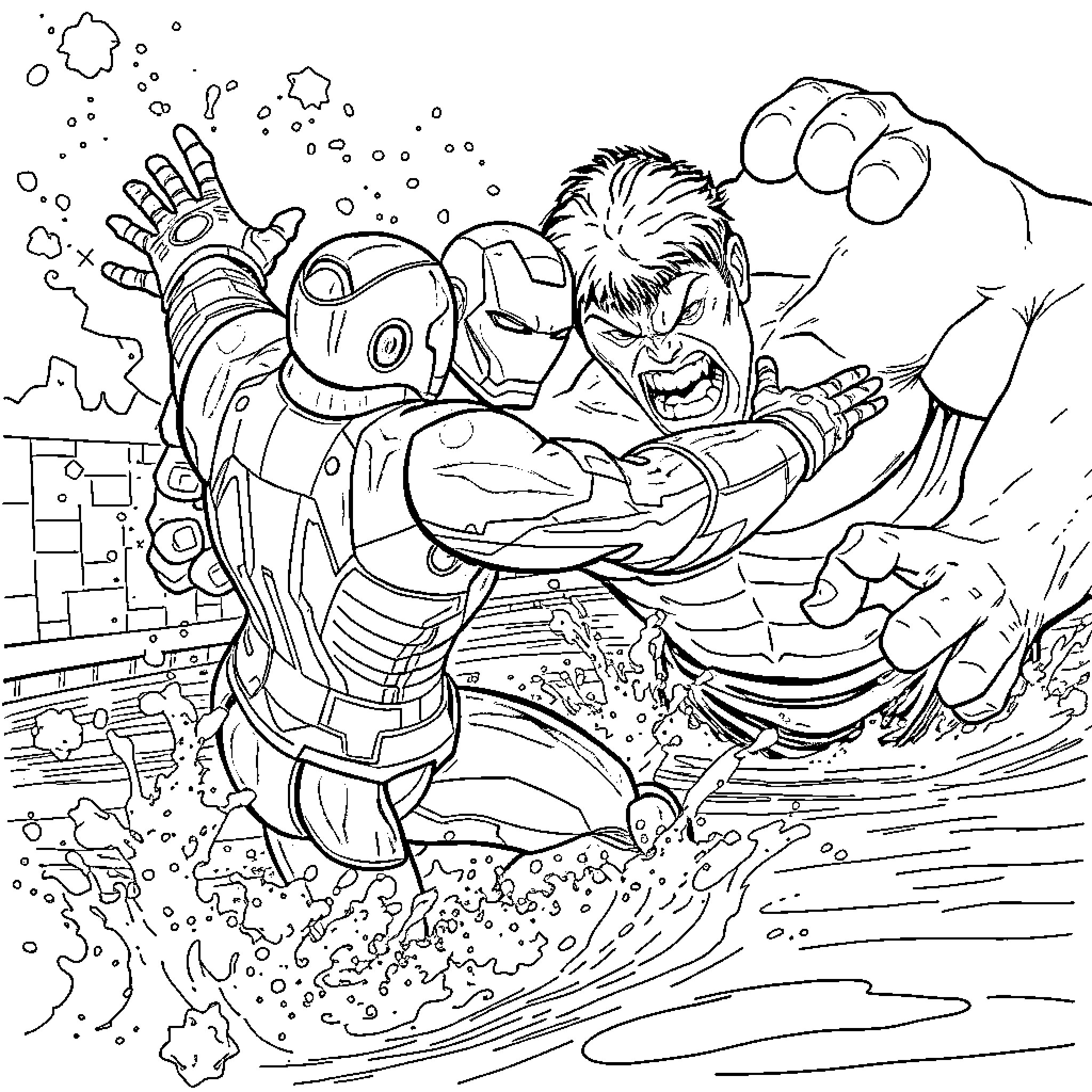 Iron Man Battling with Determination Coloring Page (free black-and-white line drawing printable PDF for all, from beginners to advanced learners, including children, teens, adults, and seniors)