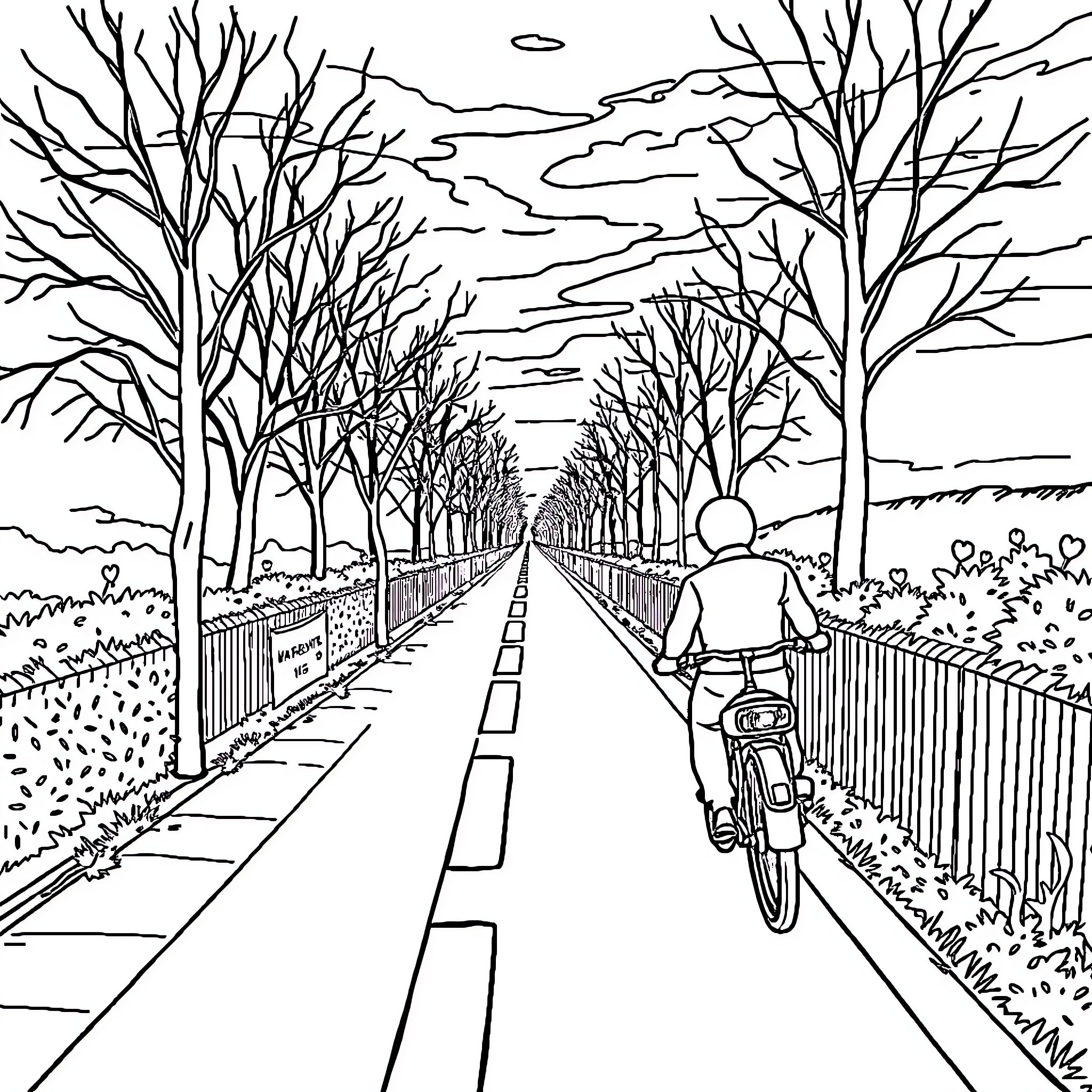 Safety in the Scenic Bicycle Path Coloring Page (free black-and-white line drawing printable PDF for all, from beginners to advanced learners, including children, teens, adults, and seniors)