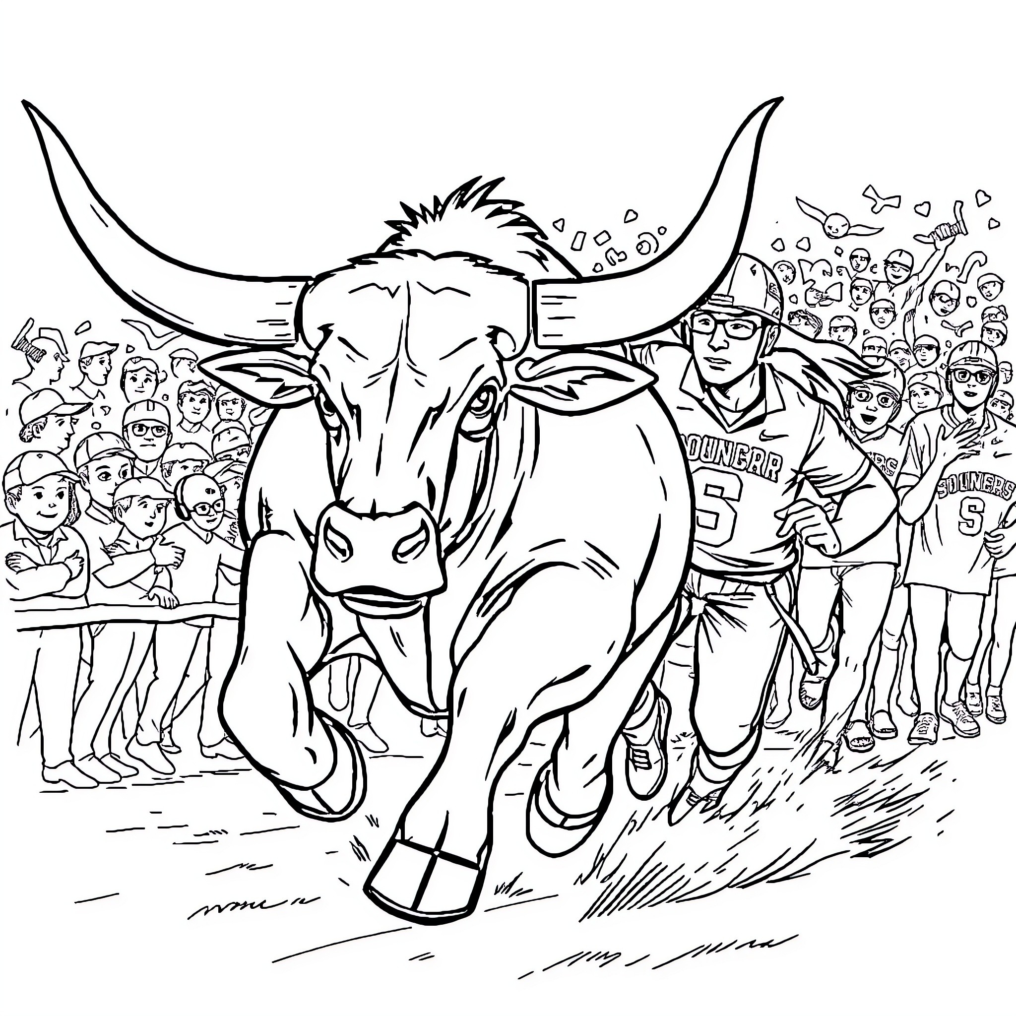 Longhorn Rampaging Through Cheering Crowd Coloring Page (free black-and-white line drawing printable PDF for all, from beginners to advanced learners, including children, teens, adults, and seniors)