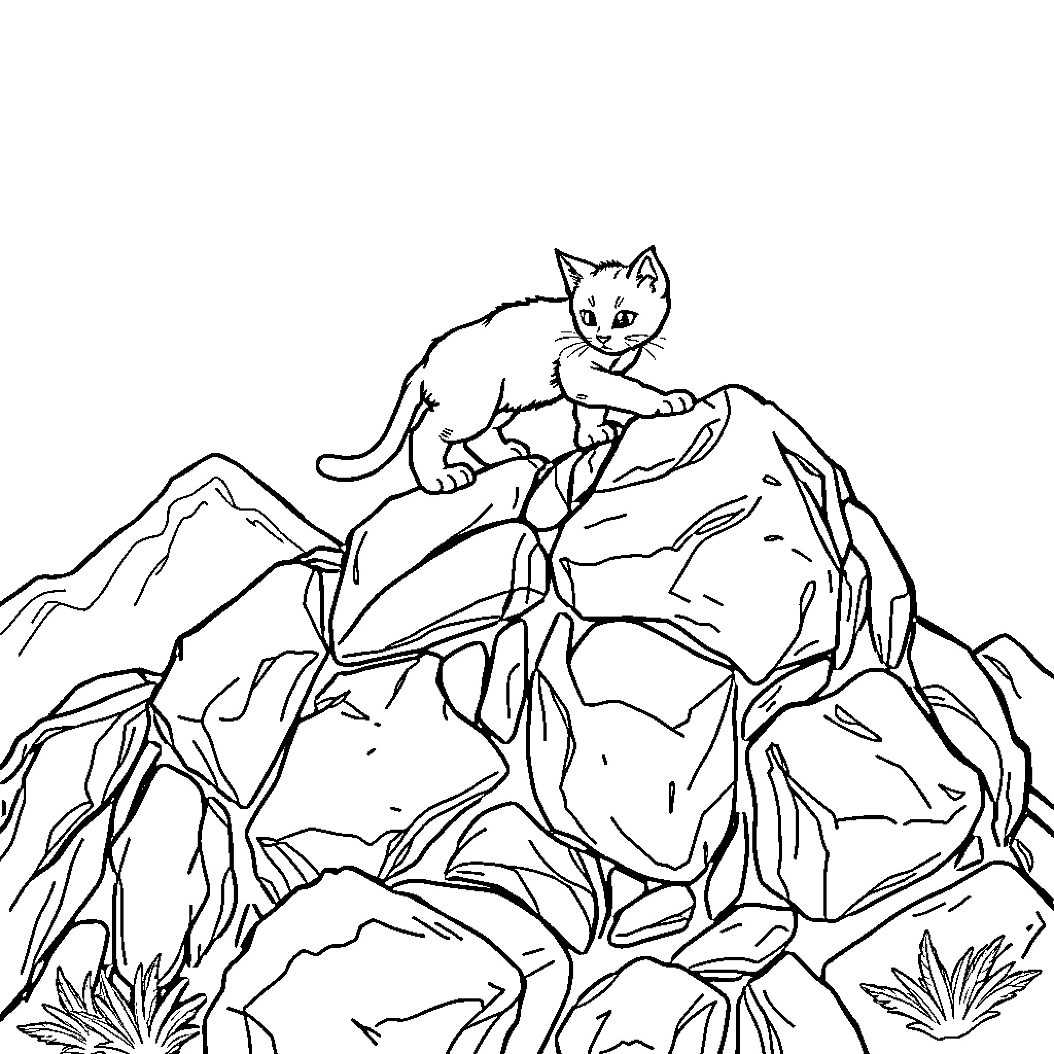 Cat exploring rocky mountain terrain Coloring Page (free black-and-white line drawing printable PDF for all, from beginners to advanced learners, including children, teens, adults, and seniors)