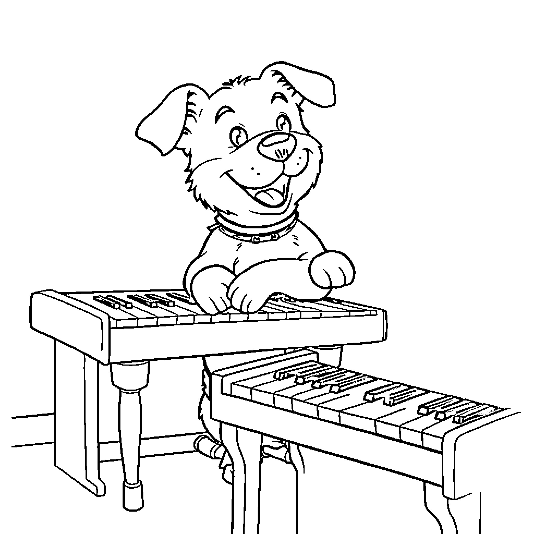 Dog playing happily on a keyboard Coloring Page (free black-and-white line drawing printable PDF for all, from beginners to advanced learners, including children, teens, adults, and seniors)