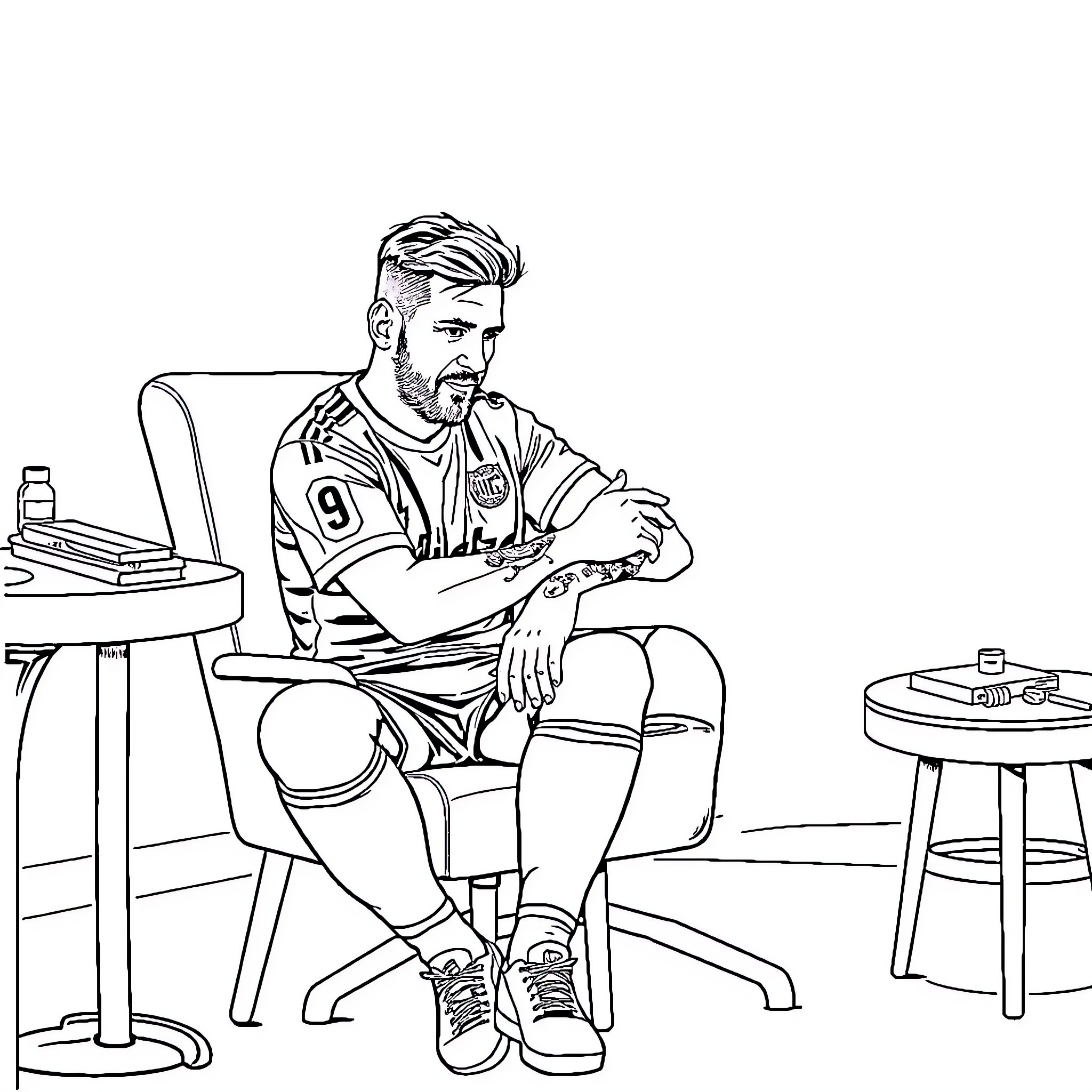 Messi Sitting in Contemplation at Desk Coloring Page (free black-and-white line drawing printable PDF for all, from beginners to advanced learners, including children, teens, adults, and seniors)