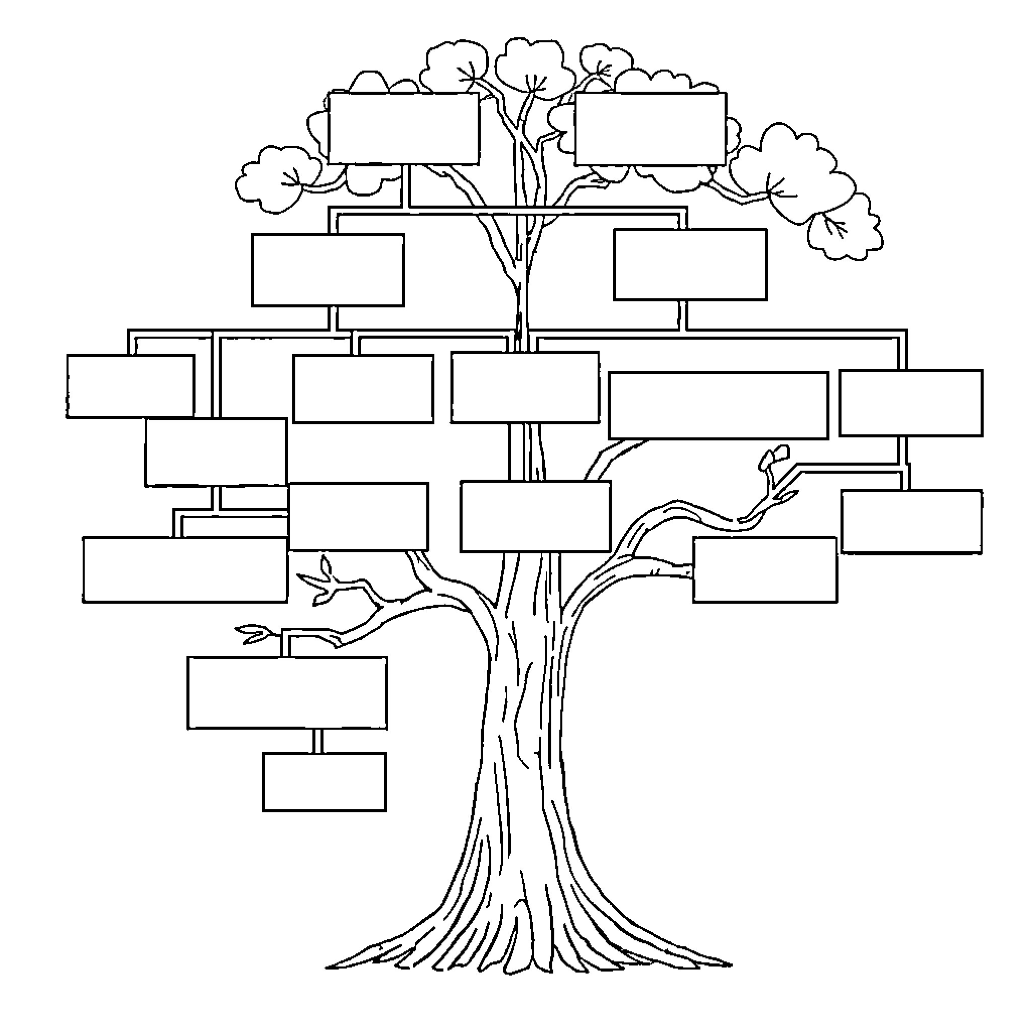 Family Tree with Blank Frames Coloring Page (free black-and-white line drawing printable PDF for all, from beginners to advanced learners, including children, teens, adults, and seniors)