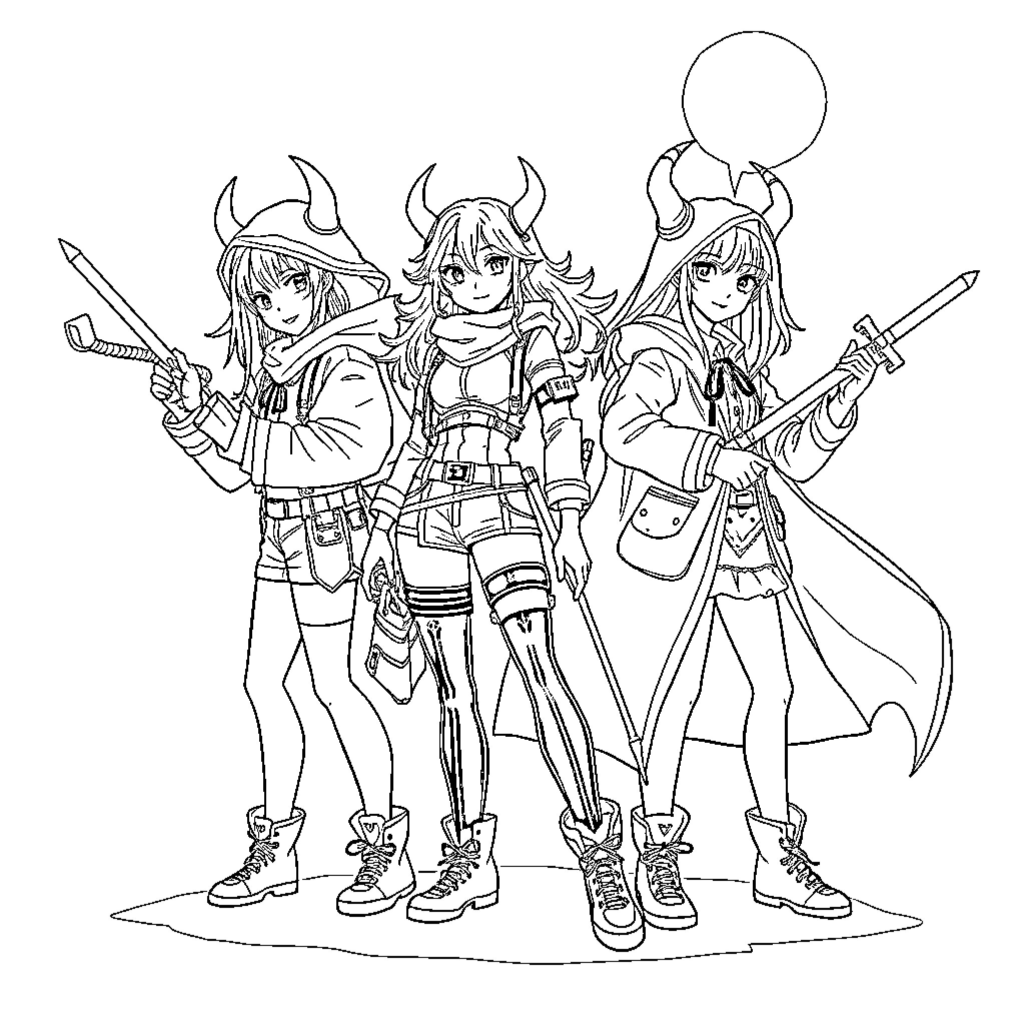Kpopdemonhunter trio in action-ready poses Coloring Page (free black-and-white line drawing printable PDF for all, from beginners to advanced learners, including children, teens, adults, and seniors)