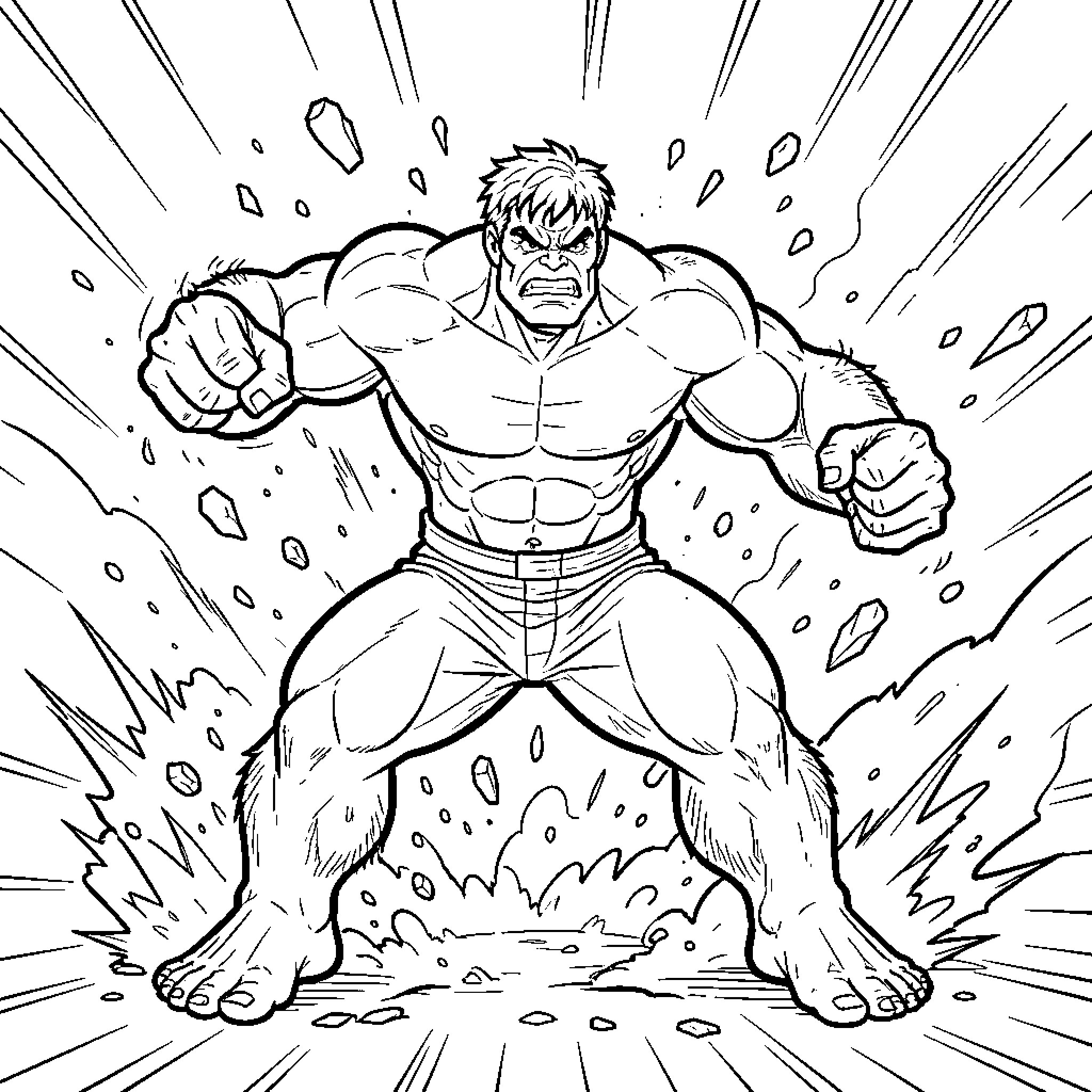 Hulk roaring loudly while smashing the ground Coloring Page (free black-and-white line drawing printable PDF for all, from beginners to advanced learners, including children, teens, adults, and seniors)