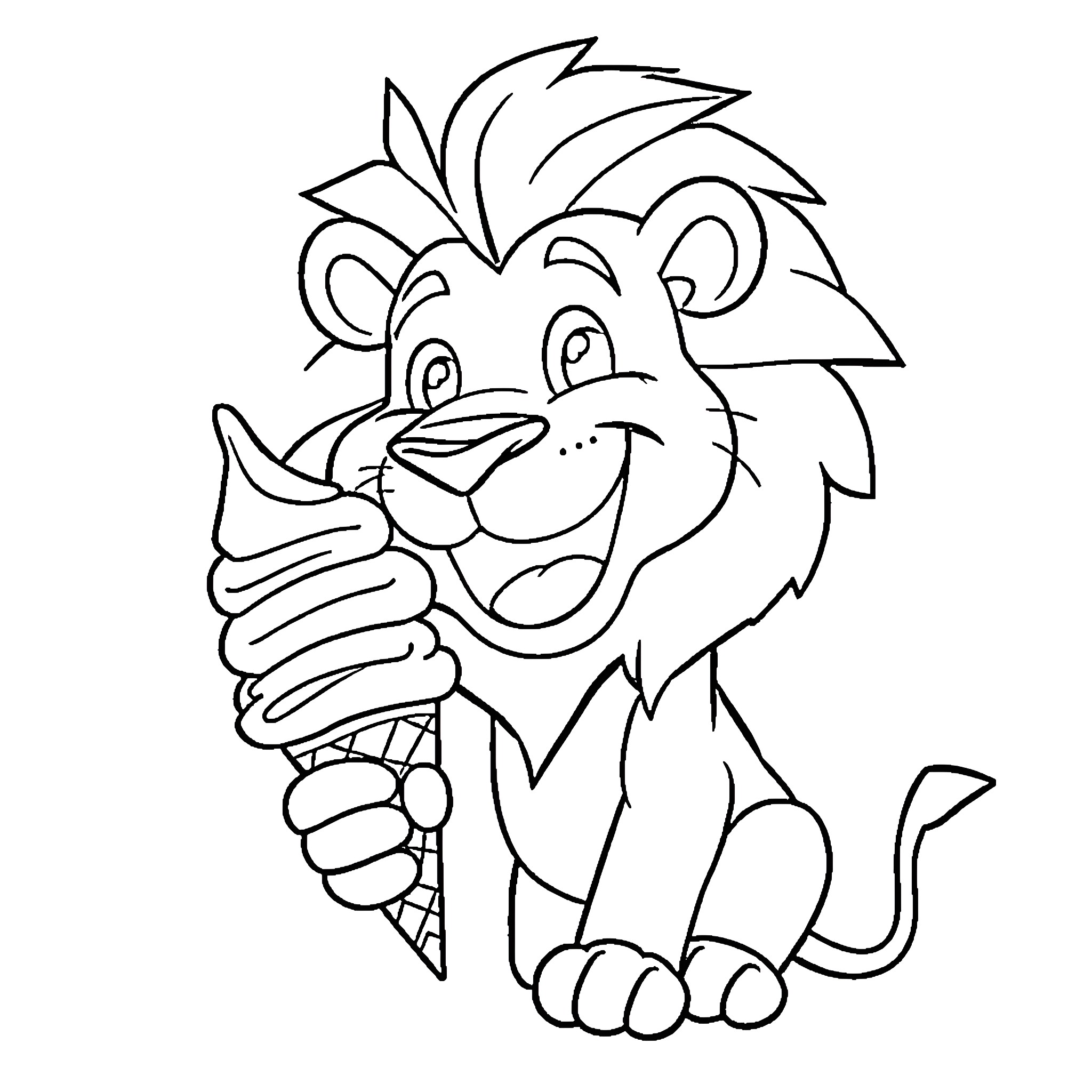 Lion enjoying an ice cream cone Coloring Page (free black-and-white line drawing printable PDF for all, from beginners to advanced learners, including children, teens, adults, and seniors)