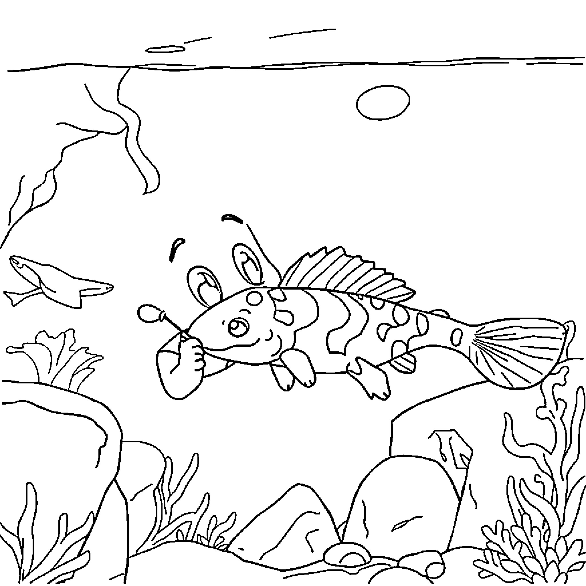 Bluey's Underwater Adventure Coloring Page (free black-and-white line drawing printable PDF for all, from beginners to advanced learners, including children, teens, adults, and seniors)