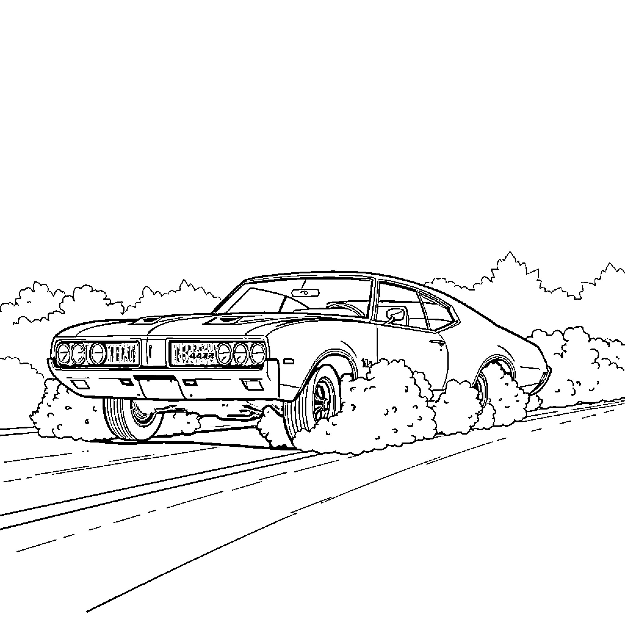 Oldsmobile sports car speeding down the countryside Coloring Page (free black-and-white line drawing printable PDF for all, from beginners to advanced learners, including children, teens, adults, and seniors)