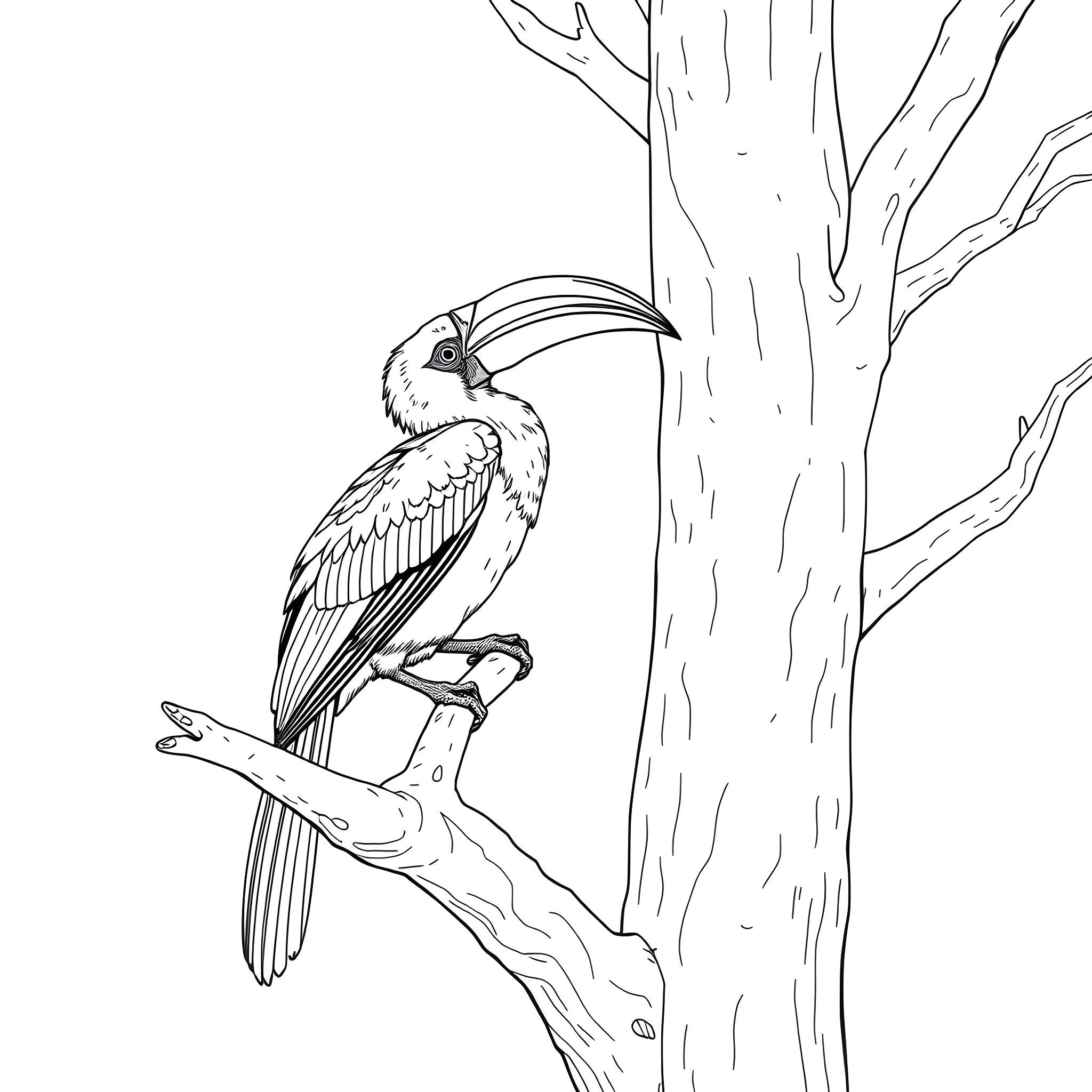 Hornbill perched on a tree branch Coloring Page (free black-and-white line drawing printable PDF for all, from beginners to advanced learners, including children, teens, adults, and seniors)