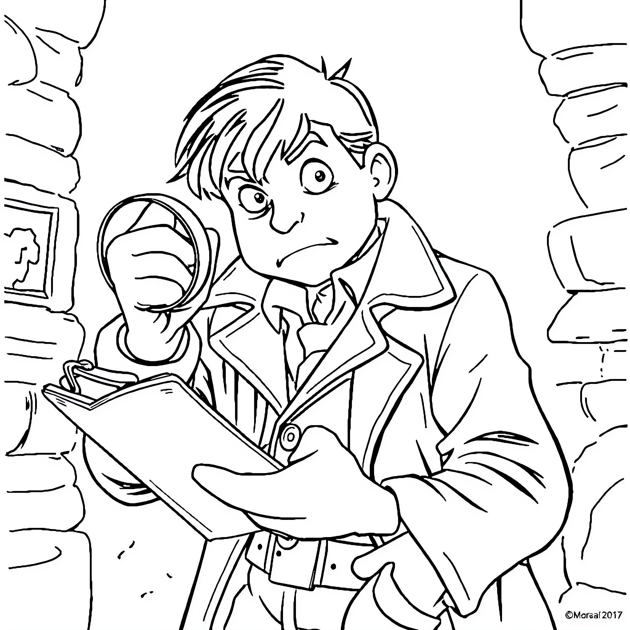 Detective Conan Investigates Mysterious Case Coloring Page (free black-and-white line drawing printable PDF for all, from beginners to advanced learners, including children, teens, adults, and seniors)